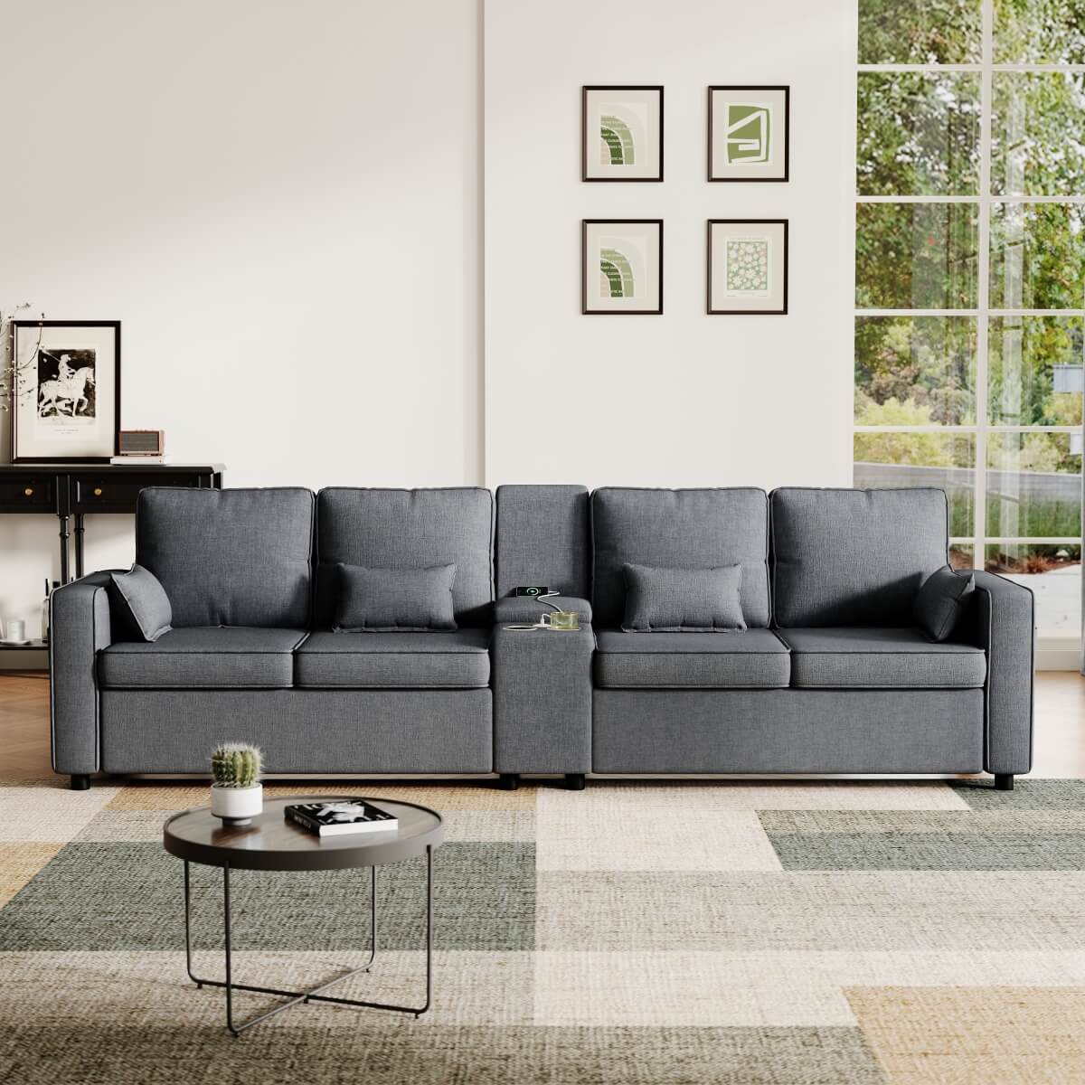 4-Seater Modern Sofa – Grey Linen, Storage Console, Cup Holders & USB/Type-C Charging