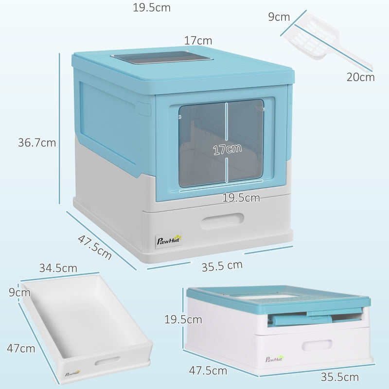 Hooded Cat Litter Box, Portable Pet Toilet, Scoop and Front Entry - Light Blue