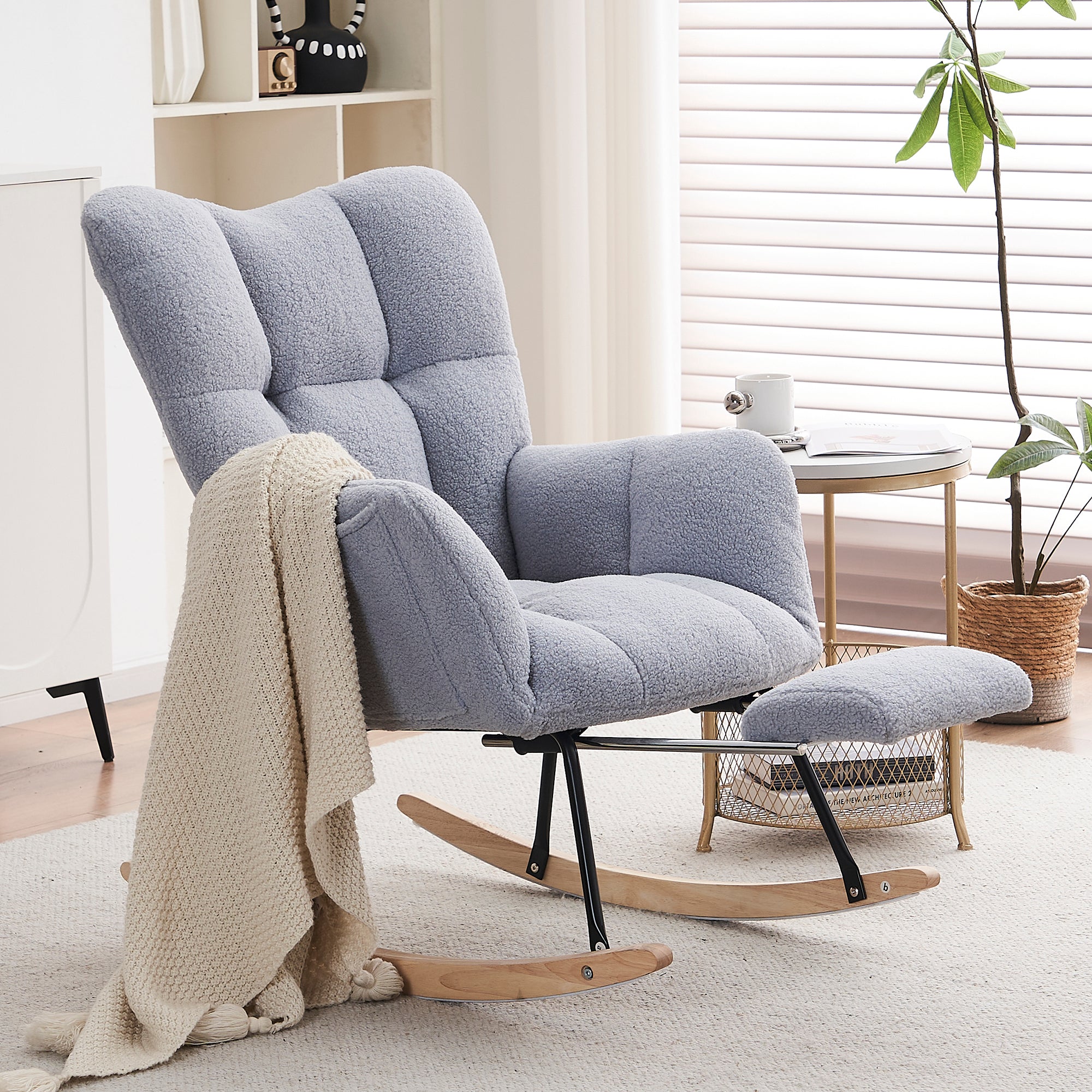 New Modern Teddy Fabric Tufted Upholstered Rocking Chair with Pull-Out Footrest, Light Grey