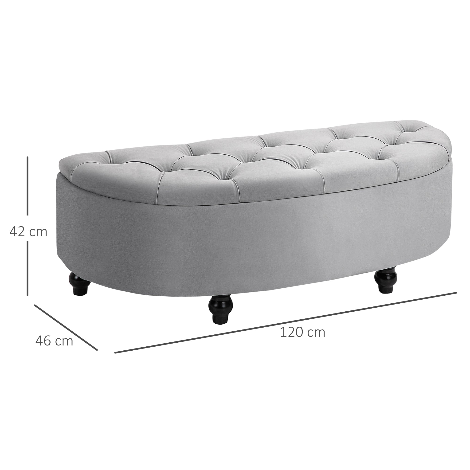 Semi-Circle Ottoman Storage Bench, Tufted Upholstered, Light Grey