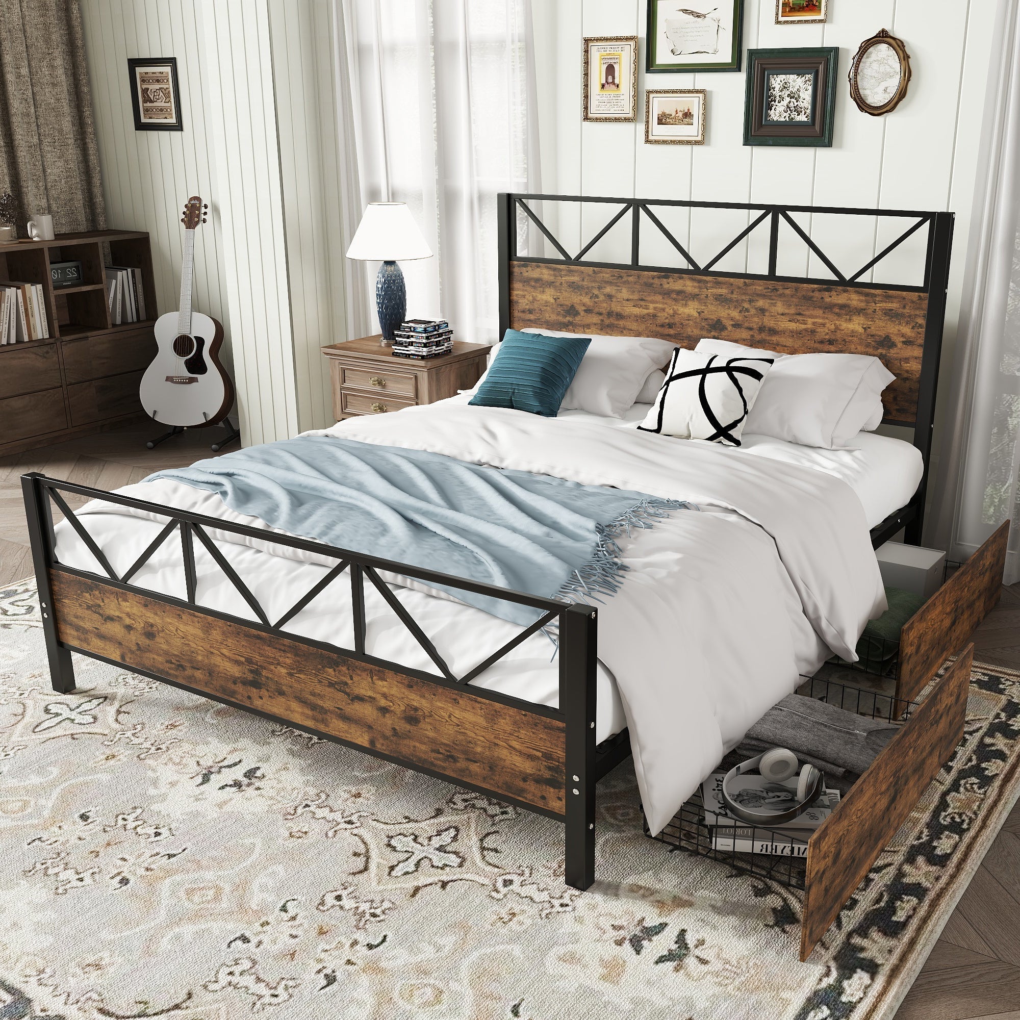 Metal Bed 4ft6 Double 135x190cm with 2 Drawers, Durable Sturdy Multifunctional Iron Storage Bed, Black+Wood Color