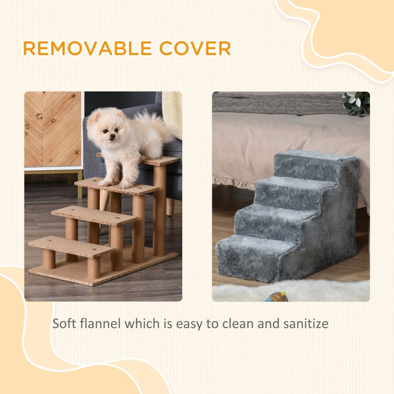Four-Step Dog Stairs, Washable Plush Cover, Light Grey