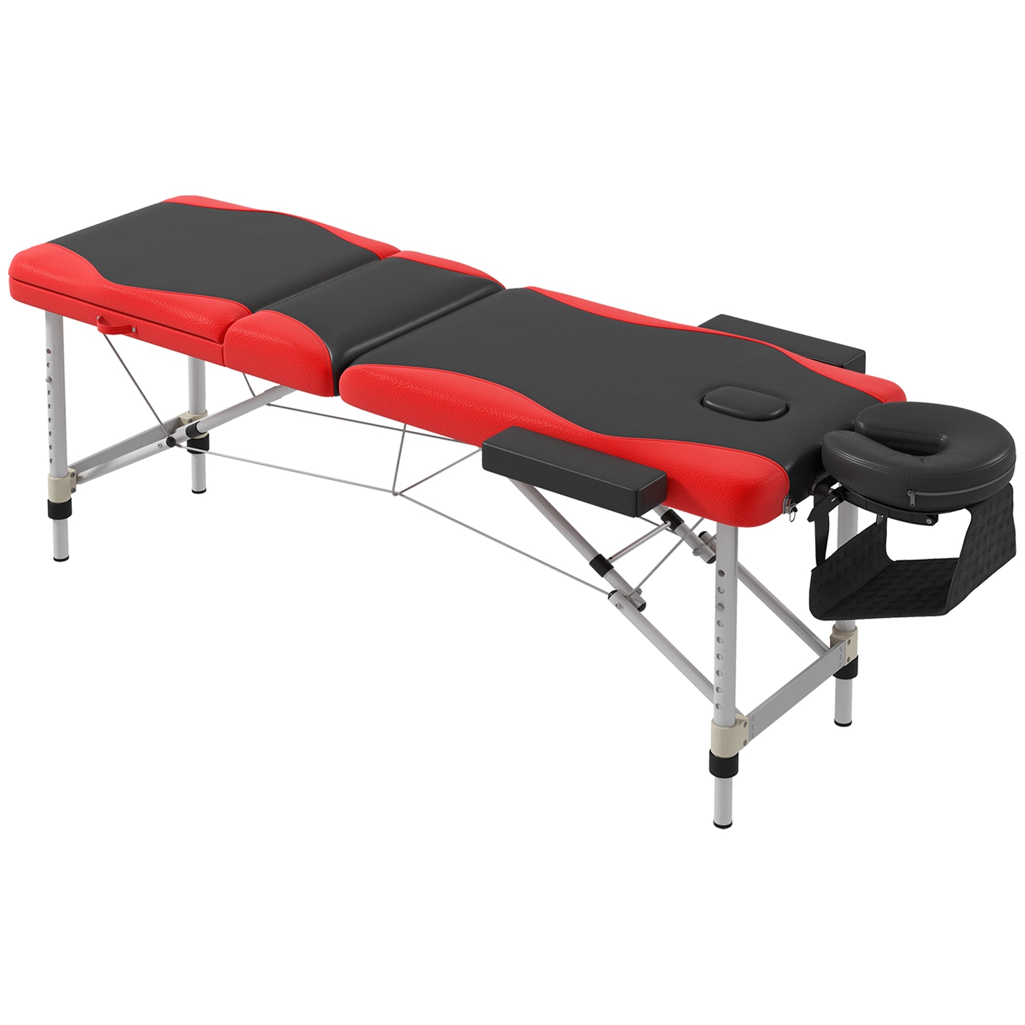 Foldable Massage Bed Portable Table, 3-Section Aluminium Beauty Couch with Headrest Support and Carry Bag, 60cm, Black and Red