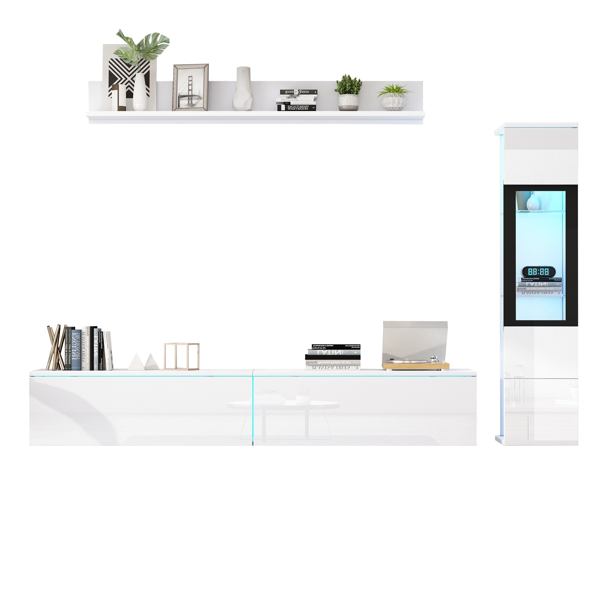 Set of 3 TV Wall Unit, LED TV Stand & Display Cabinet, High Gloss White