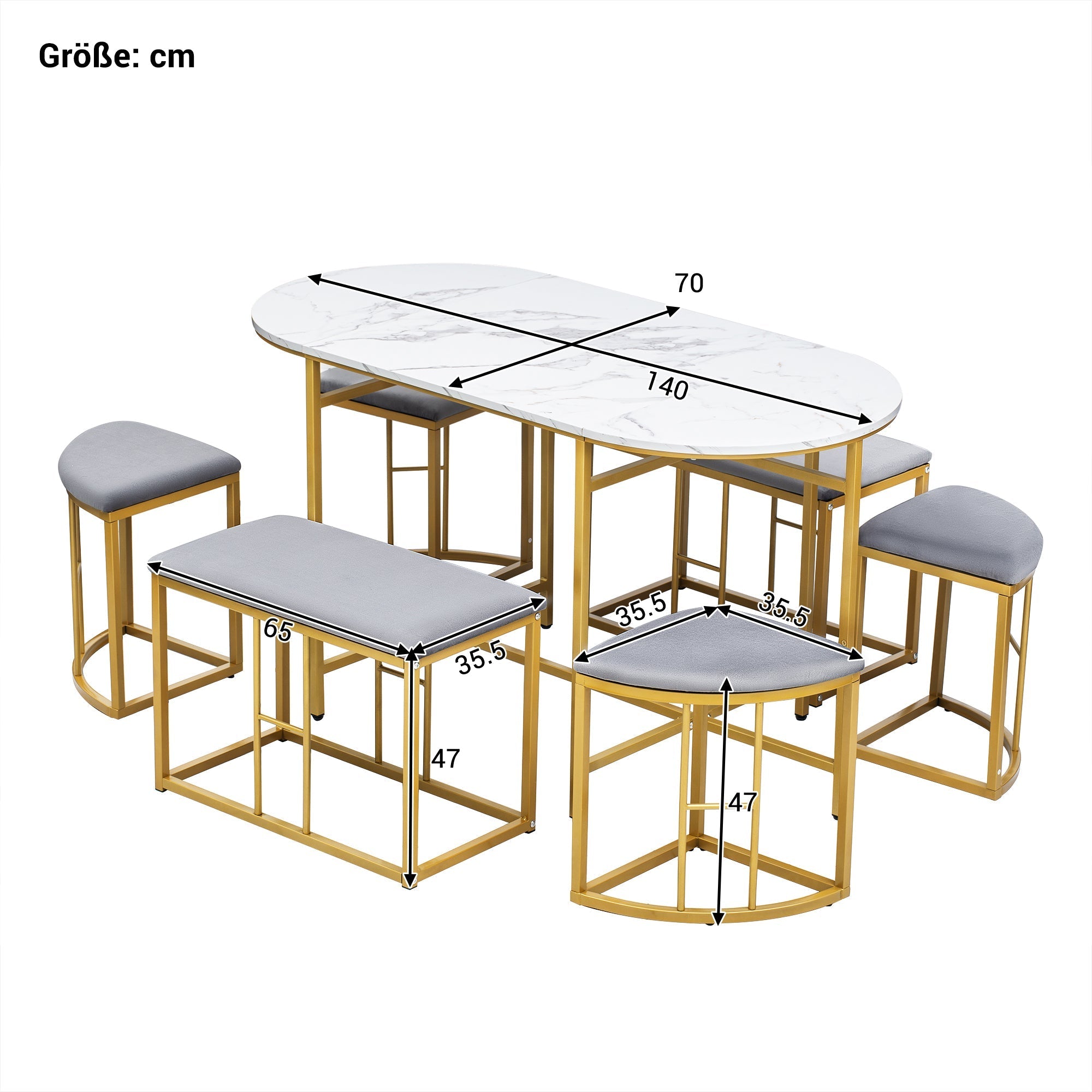 Dining Group Set with Dining Table, 4 Small Stools & 2 Large Stools, Steel Frame, White and Gold, 140x70x76cm