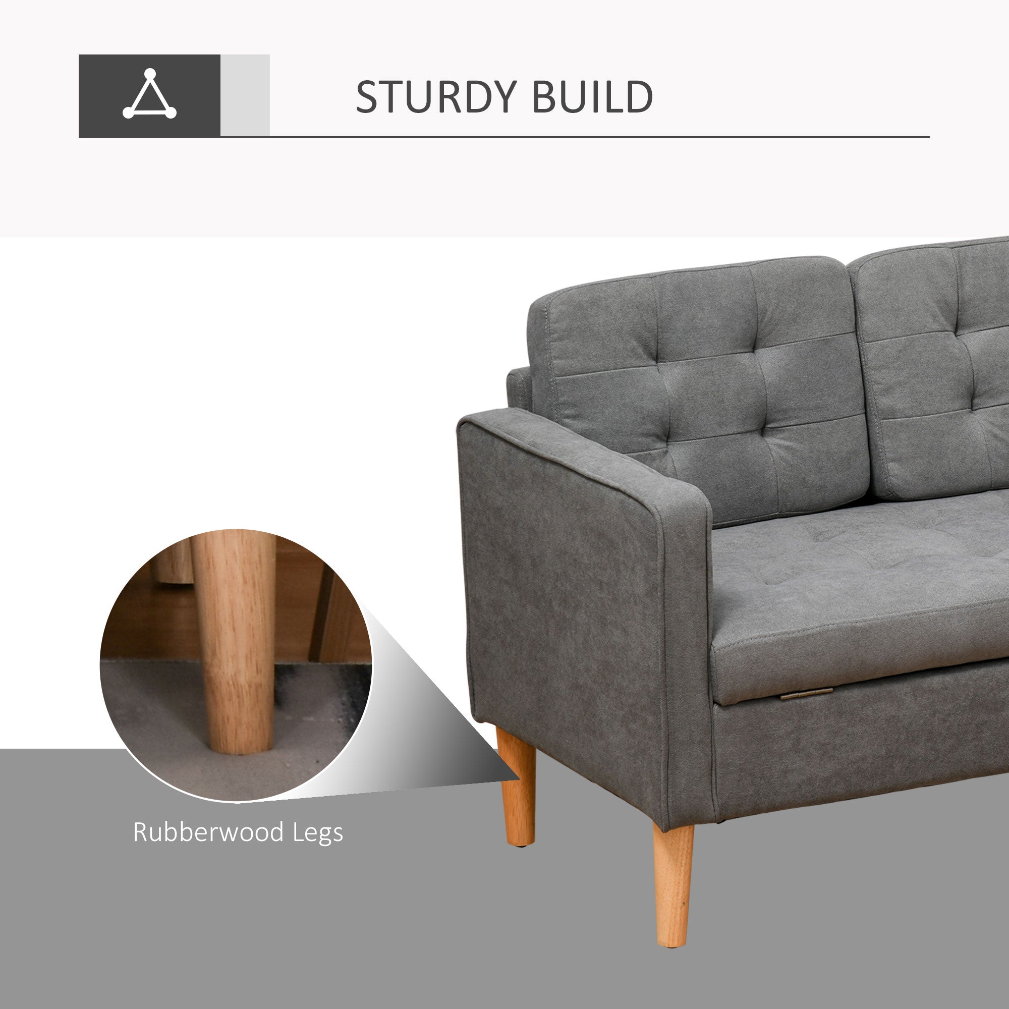 Modern 3 Seater Sofa, Hidden Storage Couch with Wood Legs, Grey Cotton