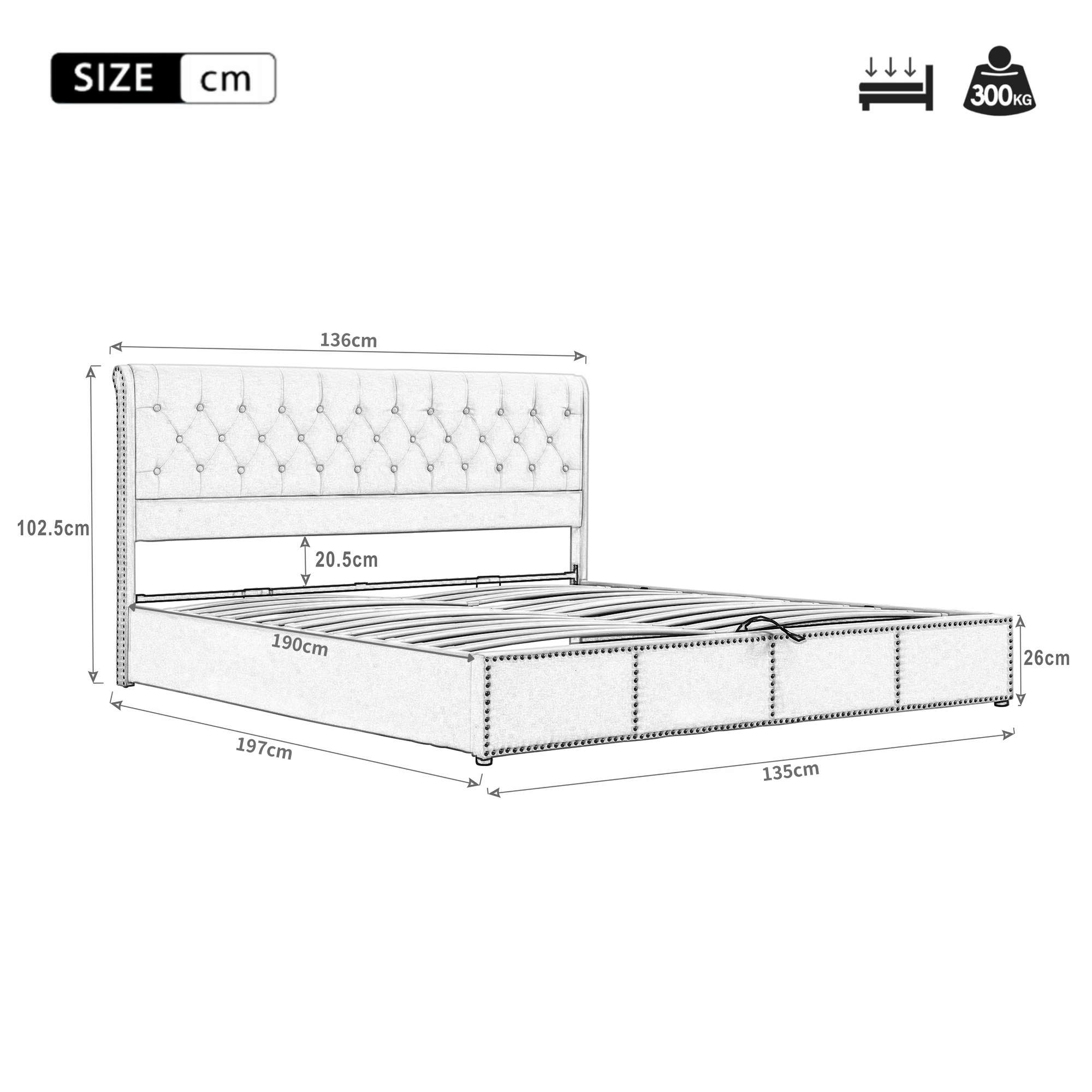 Upholstered Double Bed with Hydraulic Lift & Storage, Rivet Decoration, Velvet Light Grey
