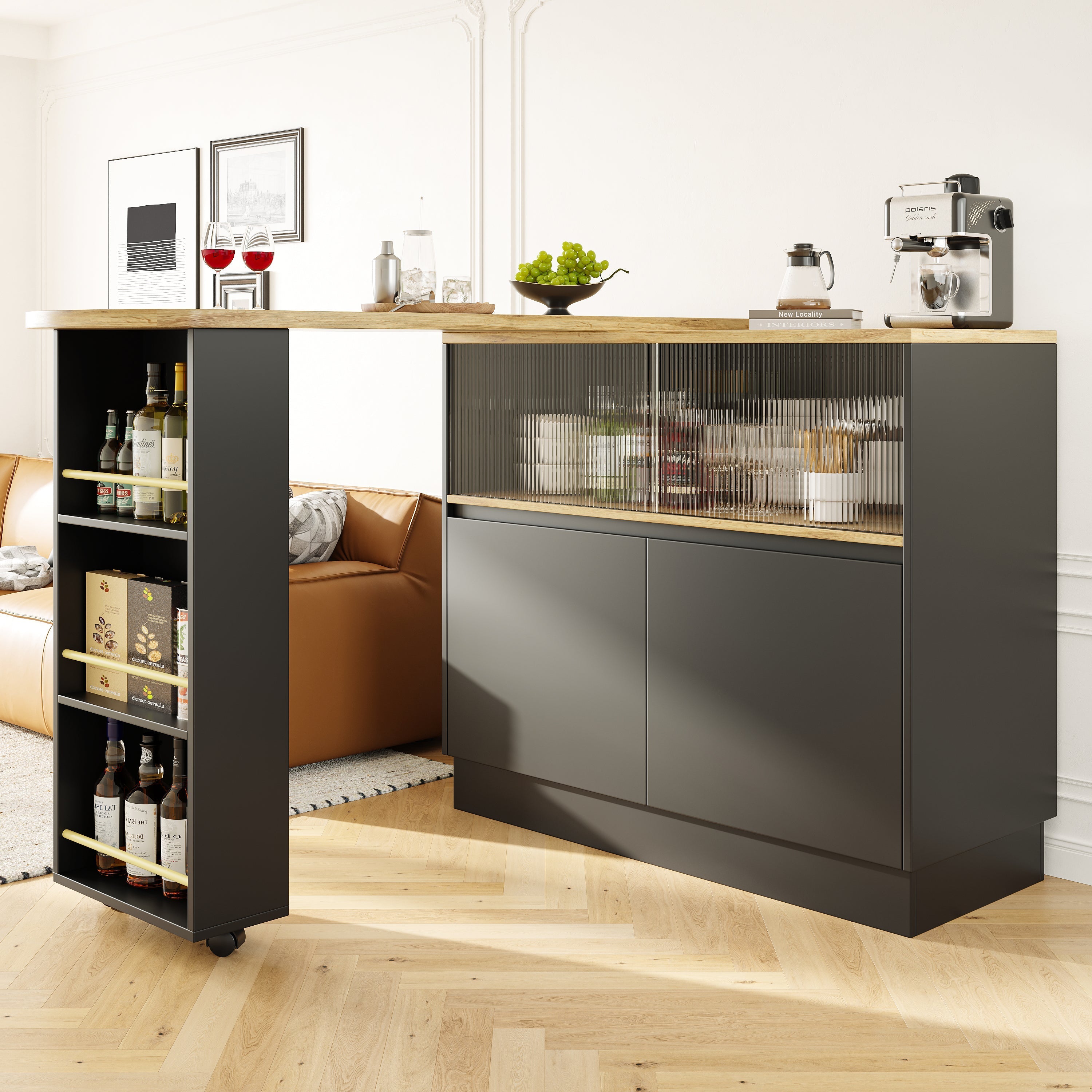 360° swivelling dining bar (main body 90 x 45 x 100 cm), black, modern, simple, multifunctional, swivelling sideboard with shelves and glass, suitable for kitchens and restaurants