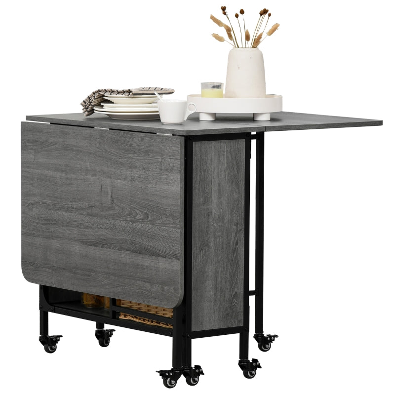 Mobile Drop Leaf Table Folding Extendable Dining Table with 6 Wheels and Storage Shelf