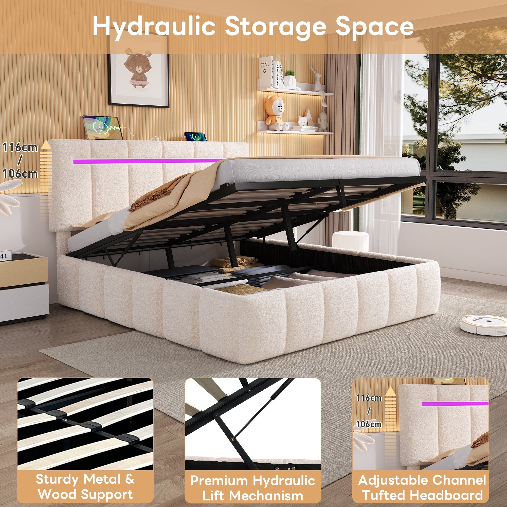 5ft King Upholstered Bed Frame with Hydraulic Storage, LED Adjustable Headboard, Boucle Fabric Beige