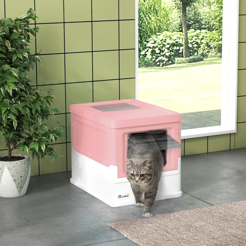 Hooded Cat Litter Box, Portable Pet Toilet with Scoop, Pink
