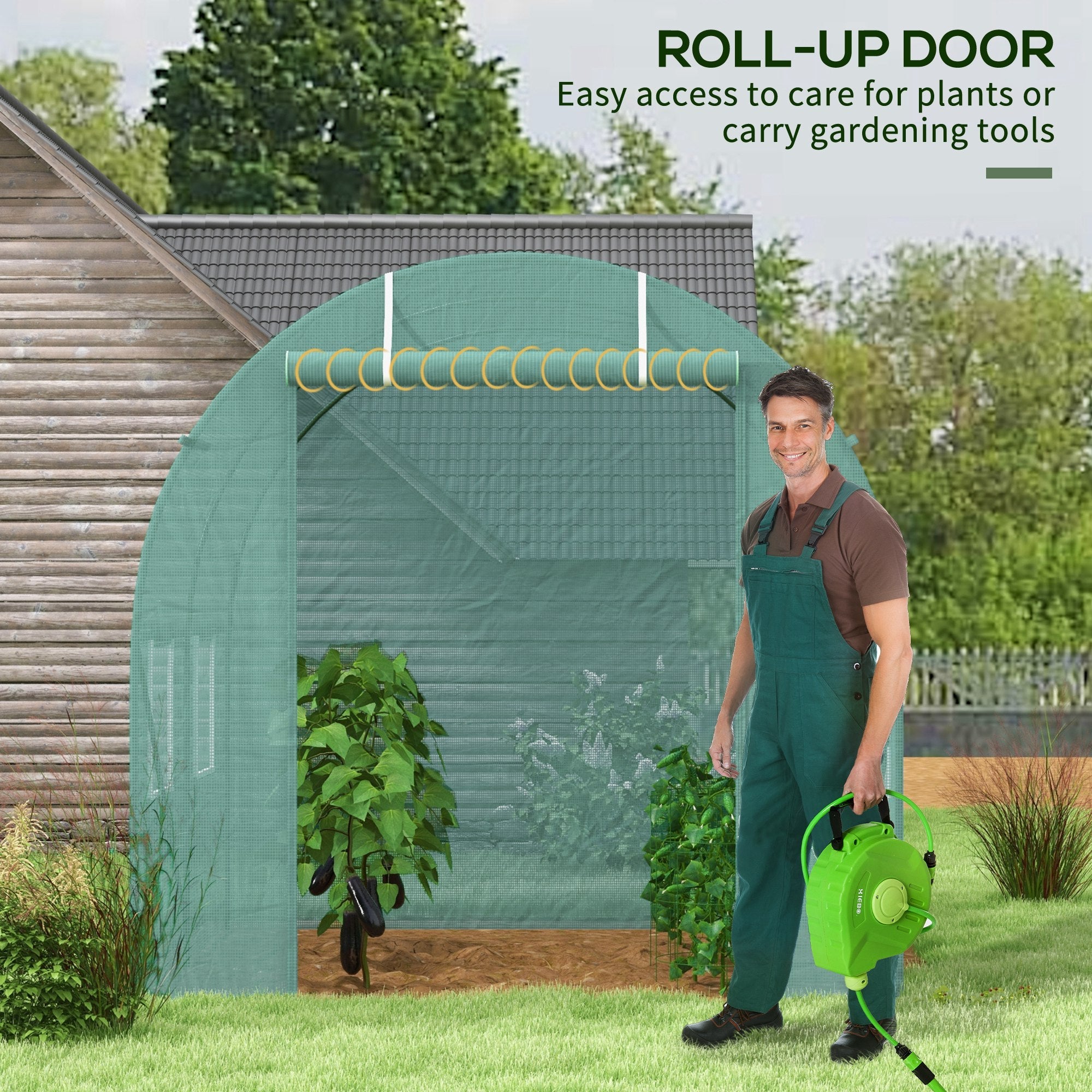 Polytunnel Greenhouse, Walk-in with Roll-Up Door & Windows, Green