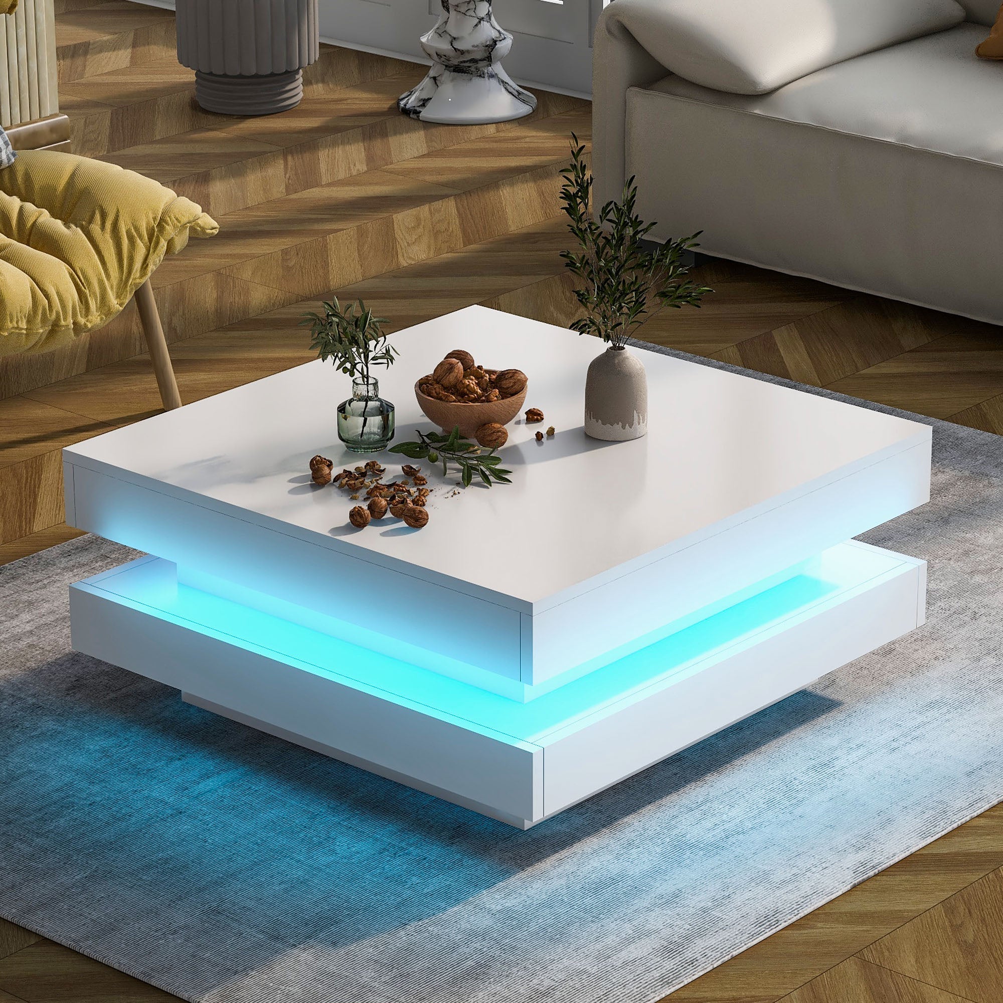 White Square High Gloss Coffee Table with 360¡ã Rotating Top, Tea Table with 16-Color LED light, 70x70x36 cm