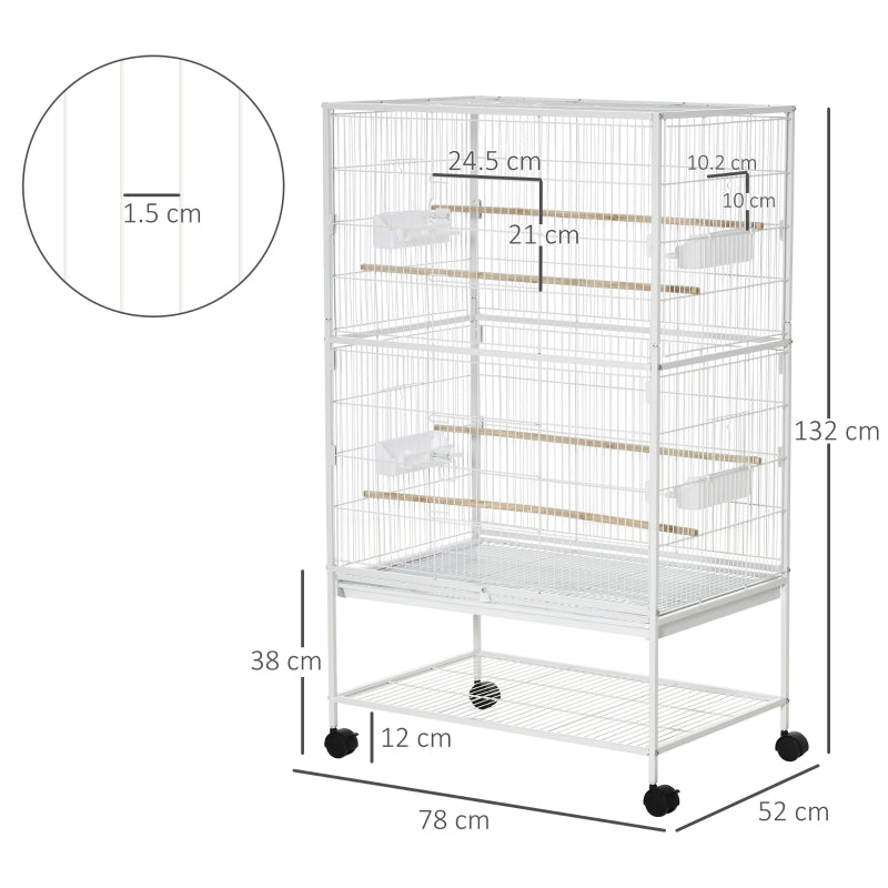 Large Bird Cage for Finch Canaries Parakeet with Rolling Stand, Slide-out Tray, Storage Shelf, Food Containers, White