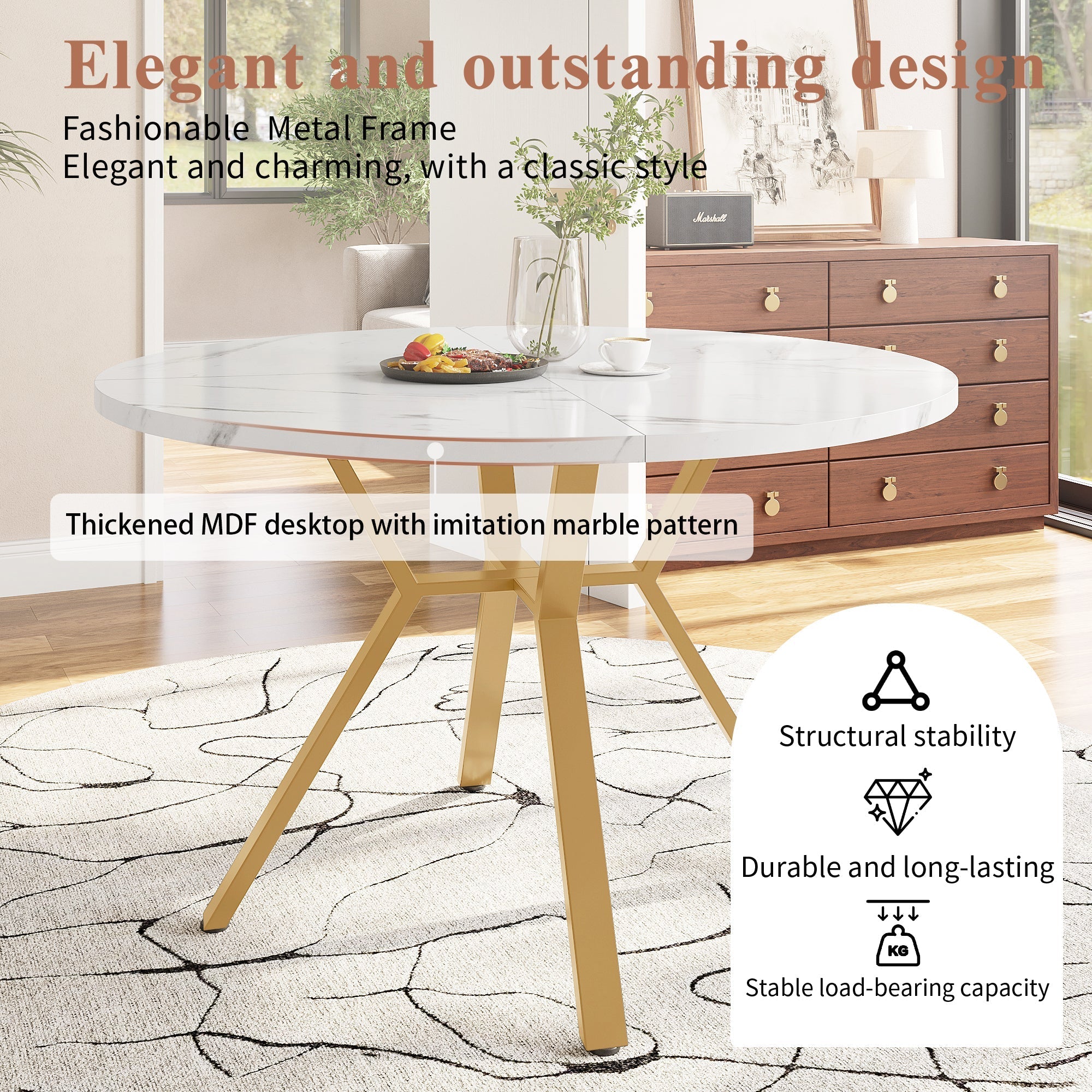 Dining table set (5-piece), modern round marble with gold metal legs + 4 ergonomic velvet chairs, black