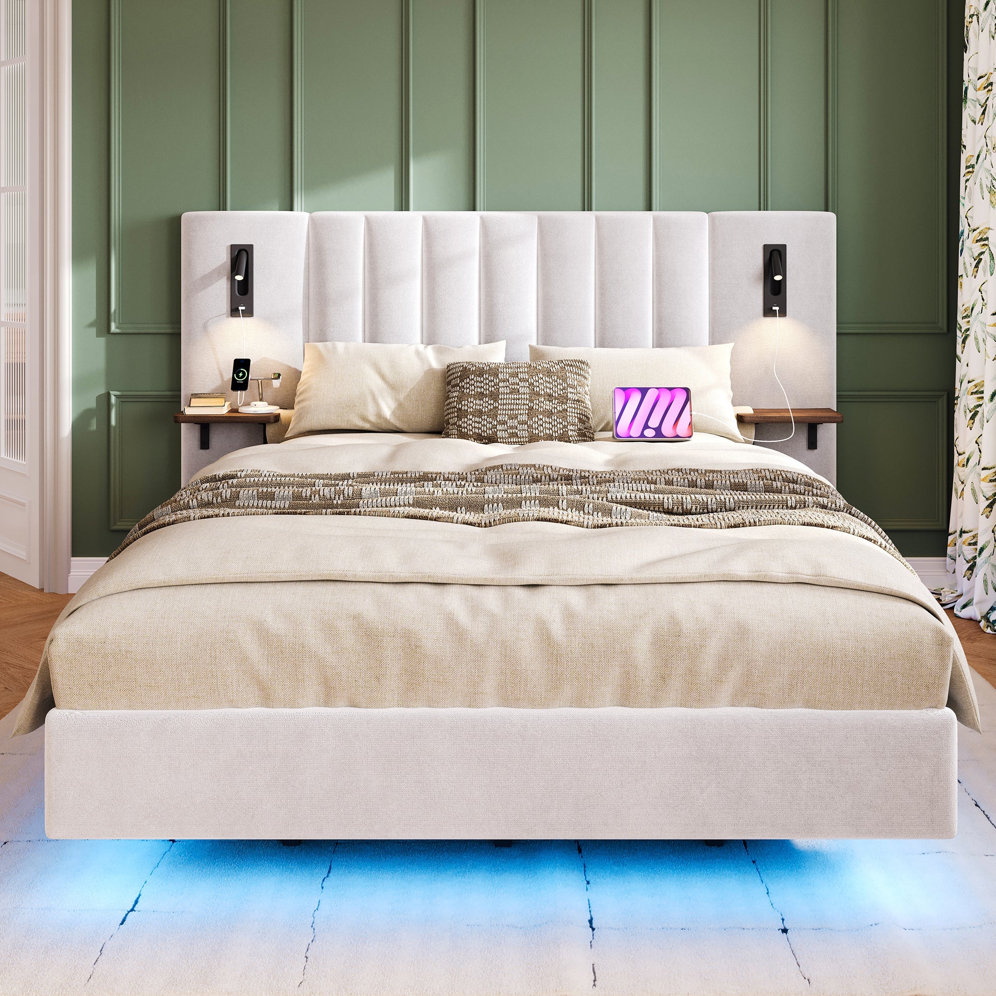 Upholstered Bed, 4ft6 Double, 2 Bedside Lamps, Headboard Storage & Charging, Velvet+Iron, White