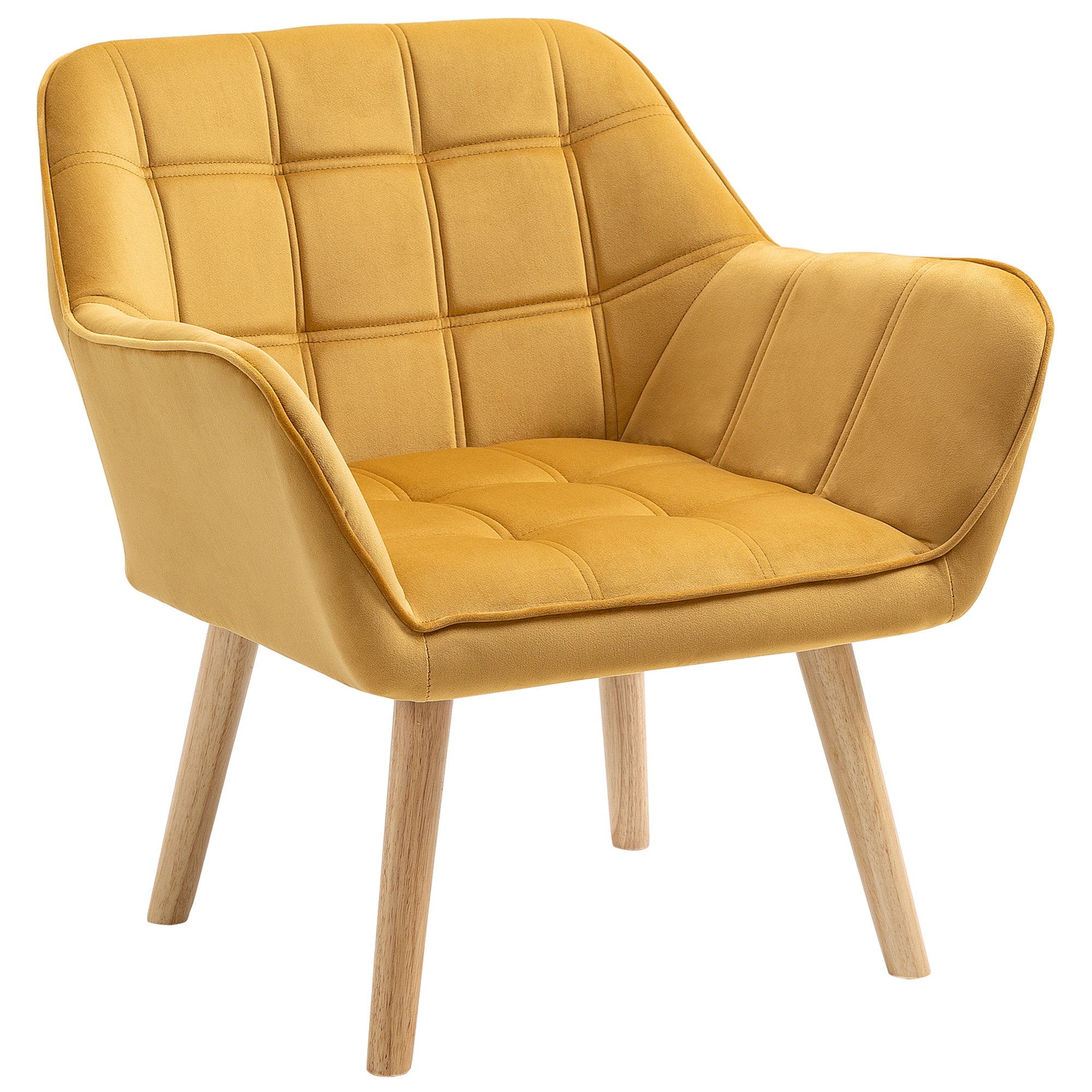 Modern Armchair, Accent Chair with Wide Arms, Slanted Back, Rubber Wood Legs, Yellow