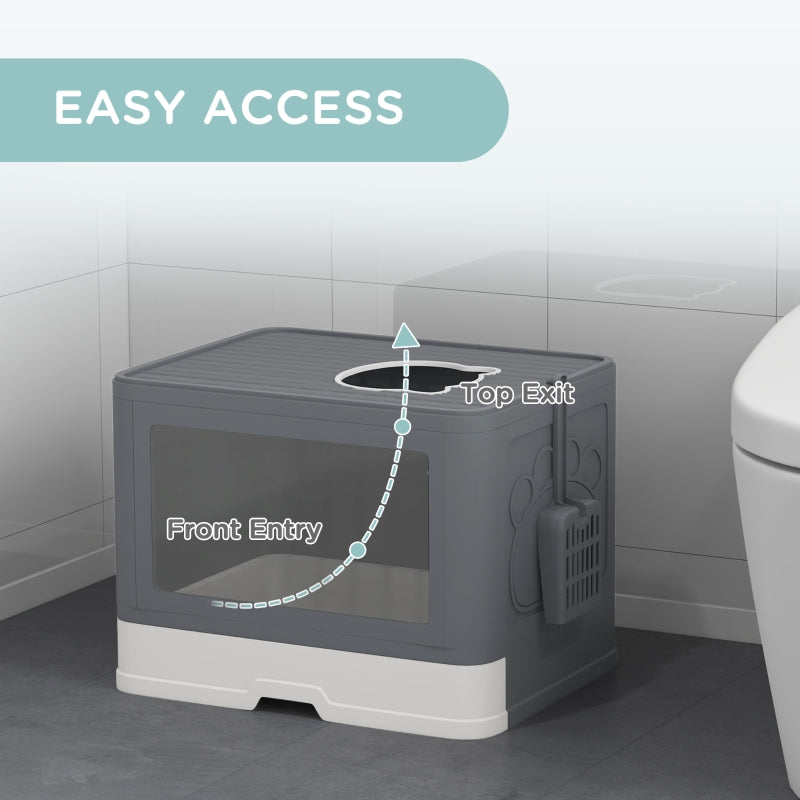 Enclosed Cat Litter Box with Lid, Front Entry, Top Exit, Drawer, Tray, Scoop, Brush - Grey