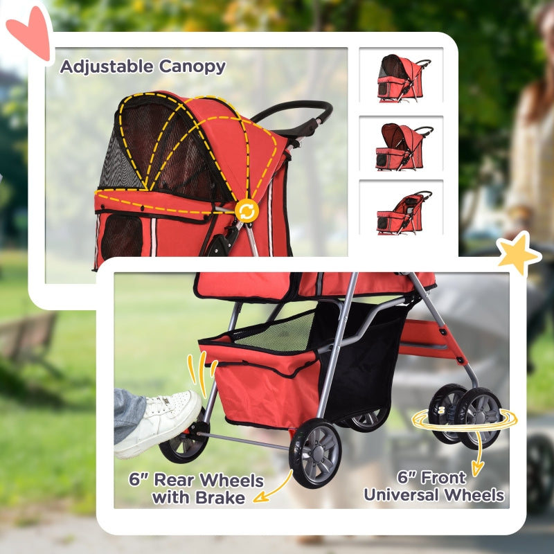 Pet Stroller, Dog Pram, Foldable Pushchair with Wheels and Zipper Entry, Red