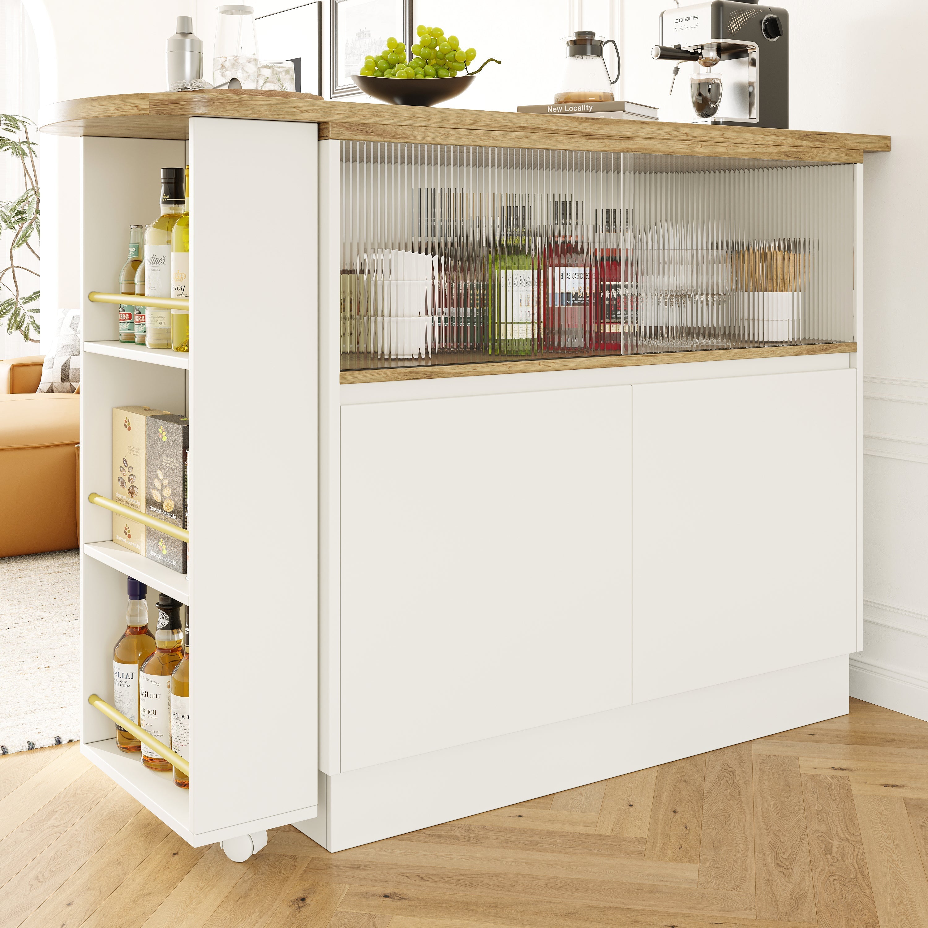 360° swivelling high table (main body 90 x 45 x 100 cm), white multifunctional swivelling sideboard with storage compartment, sliding glass door, suitable for kitchen/dining room