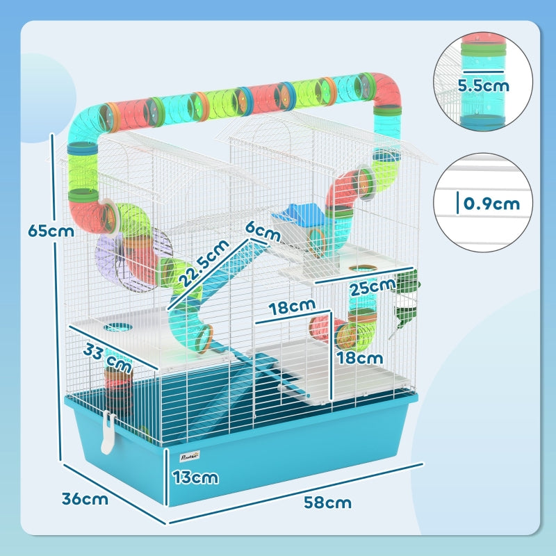 4 Tier Hamster Cage with Tubes, Exercise Wheel, Hut, Water Bottle, Food Dish, Ramps - Light Blue