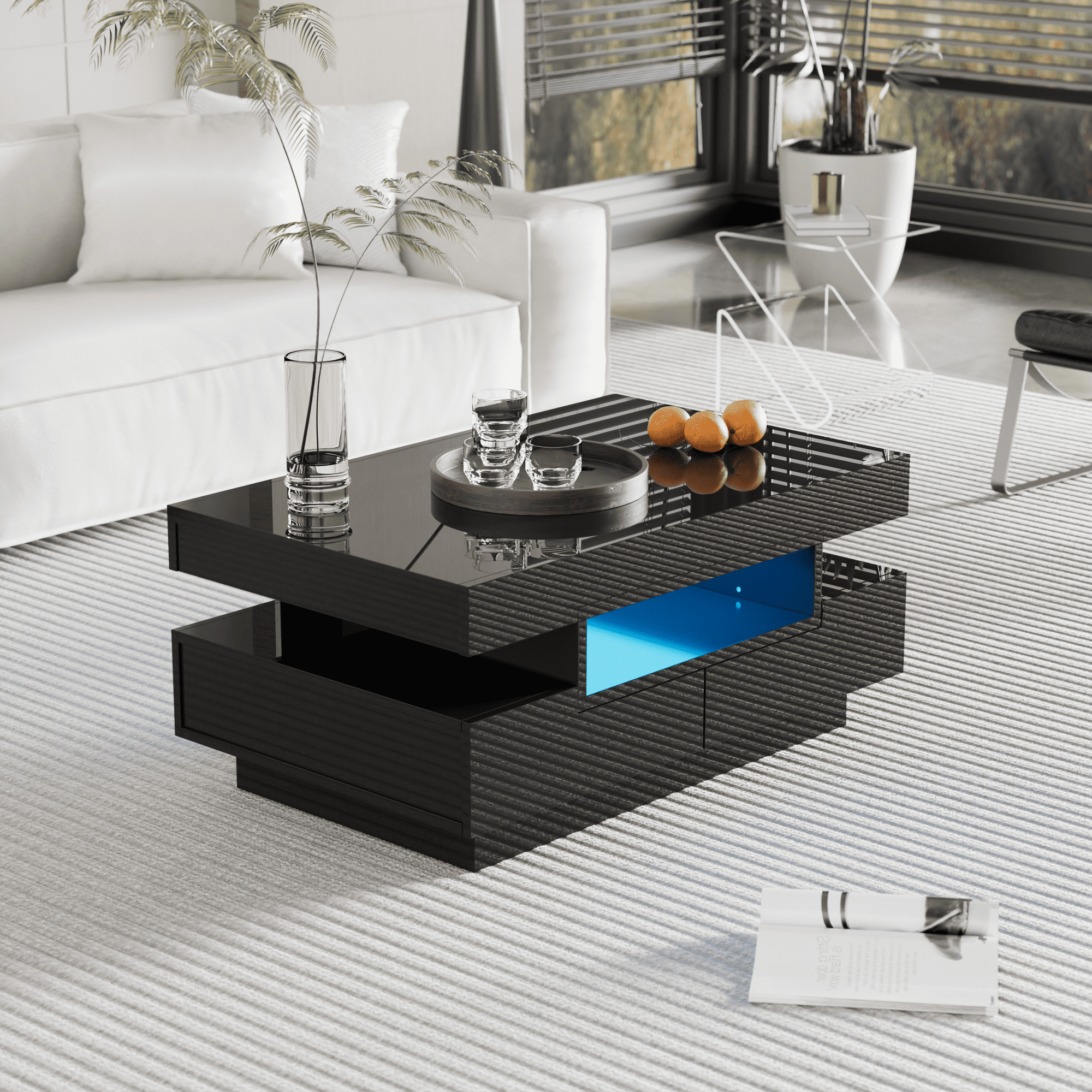 Coffee Table, High-Gloss, LED Light, Four Drawers, Large Storage, White
