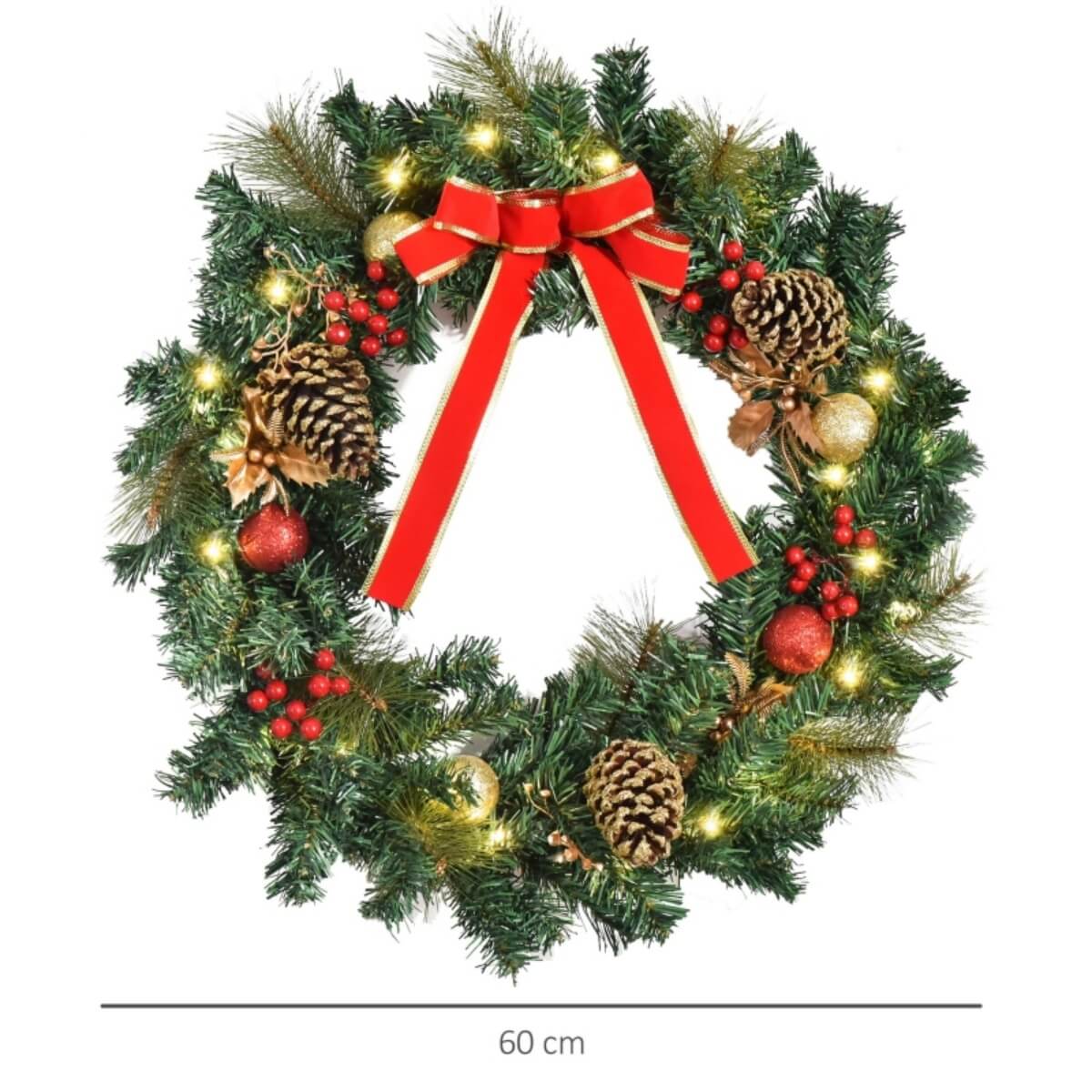 60cm Pre-Lit Artificial Christmas Wreath with Holly, Pine Cones & LEDs – Indoor Decoration