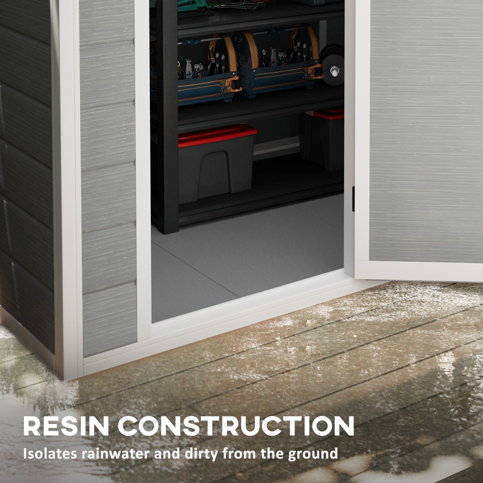 Outdoor Shed with Foundation, Lockable Door, Vents, Windows, Plastic, Grey