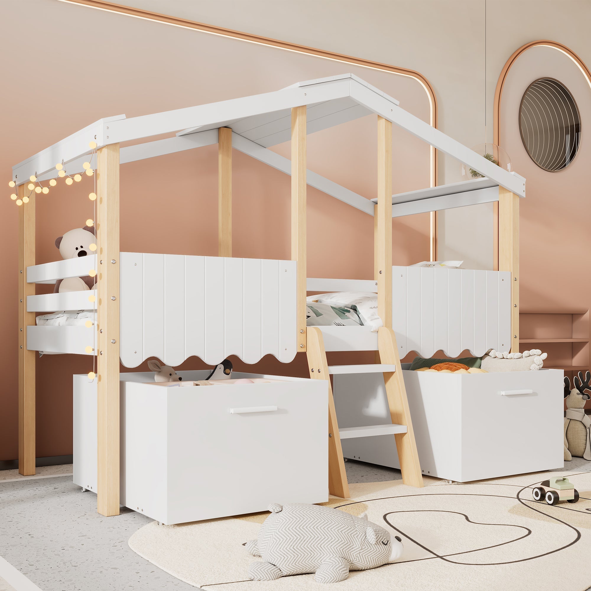 Wooden Storage Bed for Kids, 3ft Single 90x190cm with Safety Guardrail, 2 Wheeled Storage Boxes, and Imitation Roof, Pine Wood & Particle Board, White & Natural