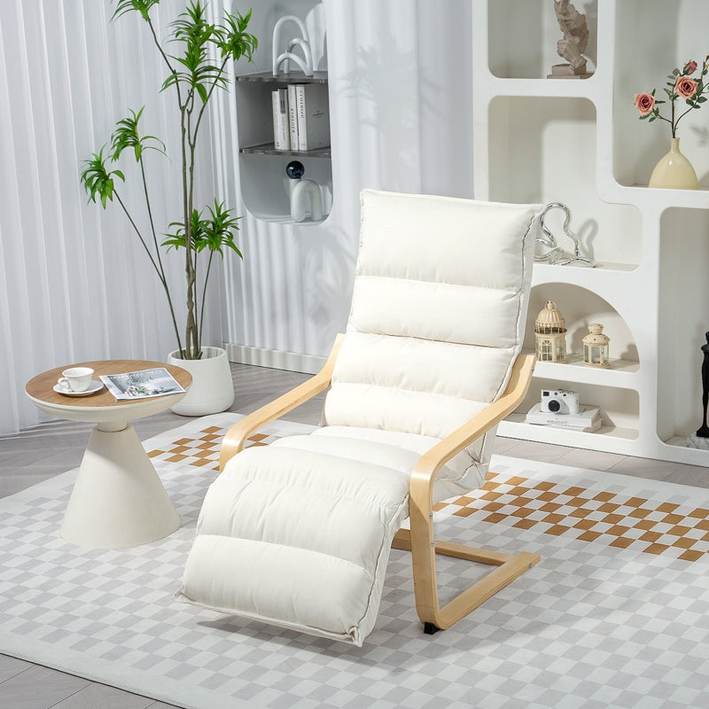 Curved Wooden Accent Chair with Adjustable Footrest, Cream White