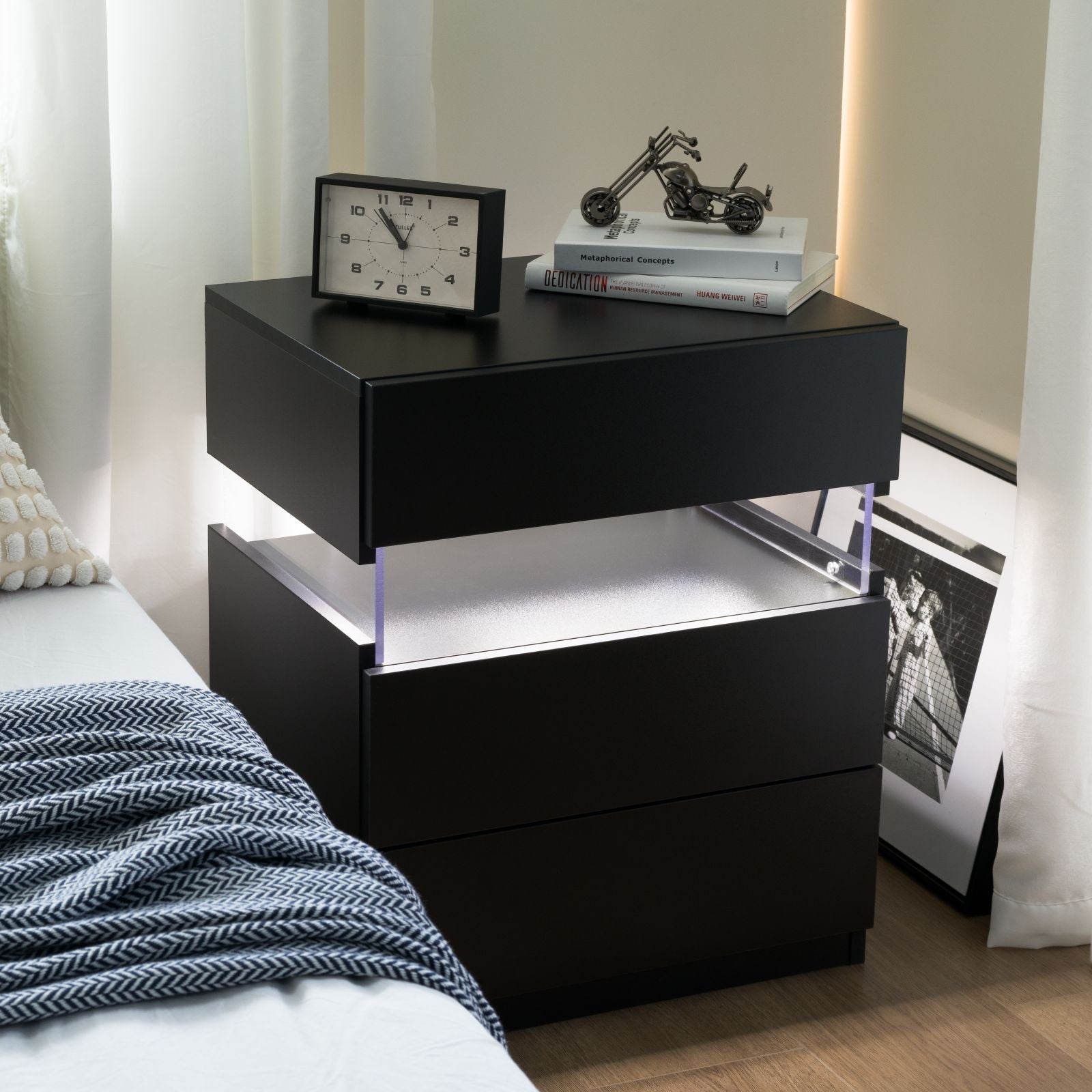 LED Nightstands Acrylic Board LED Bedside Tables for Bedroom End Table with 3 Drawer Dresser for Bedroom Living Room Bedside Furniture (Black)