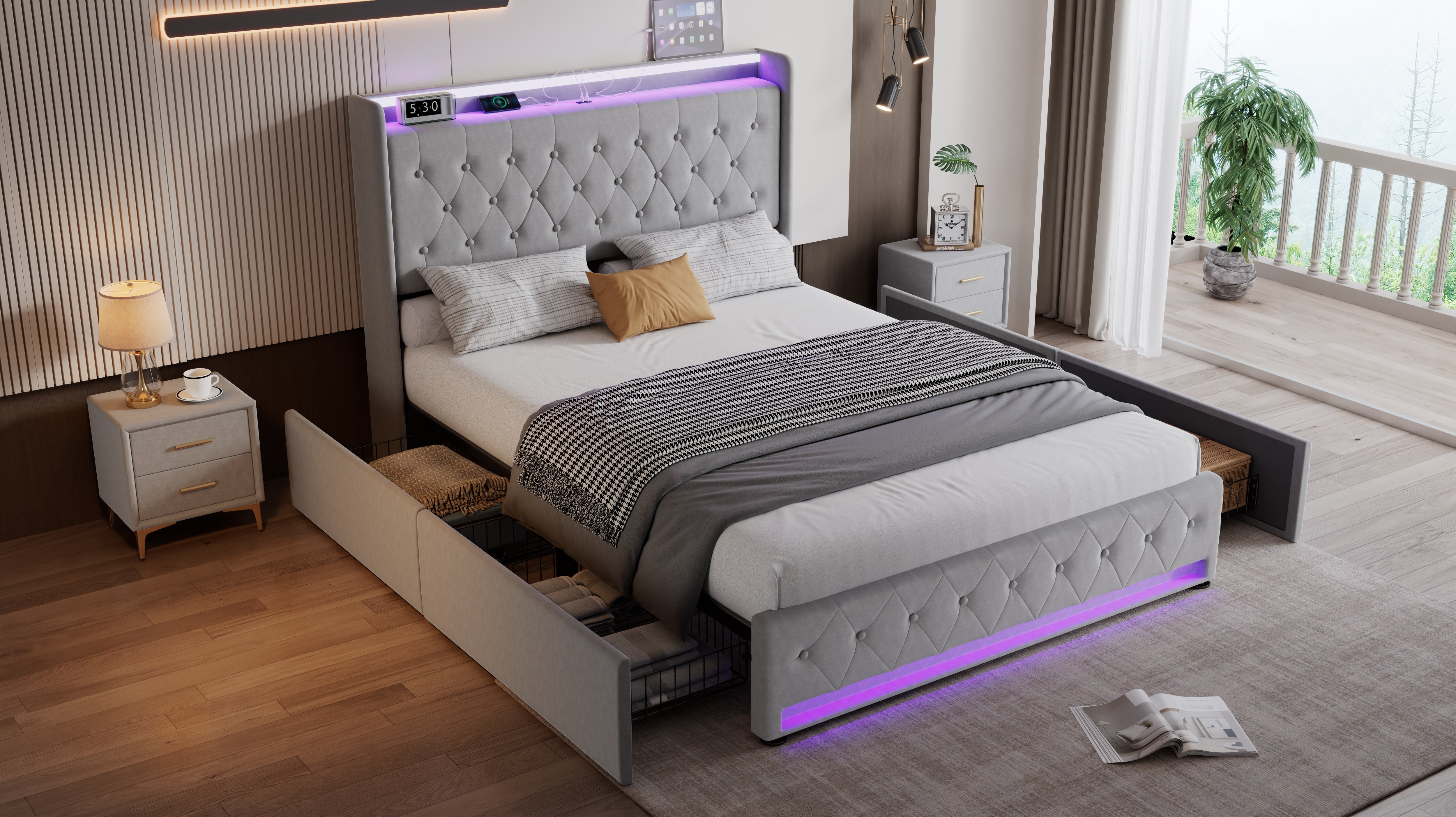 Upholstered Bed, 4ft6 Double with 4 Drawers, Light Strips & Charging Socket, Grey Velvet