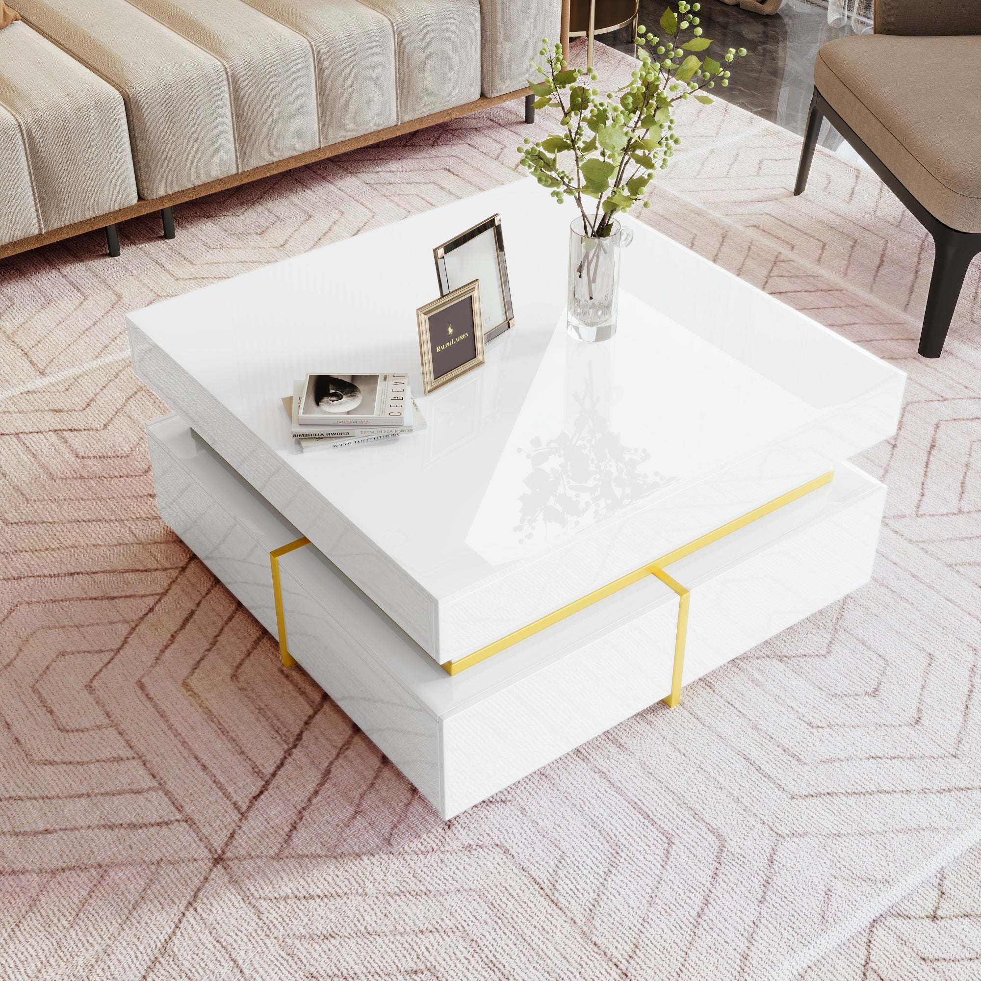 Coffee Table, High-Gloss, Drawers and Gold Accents