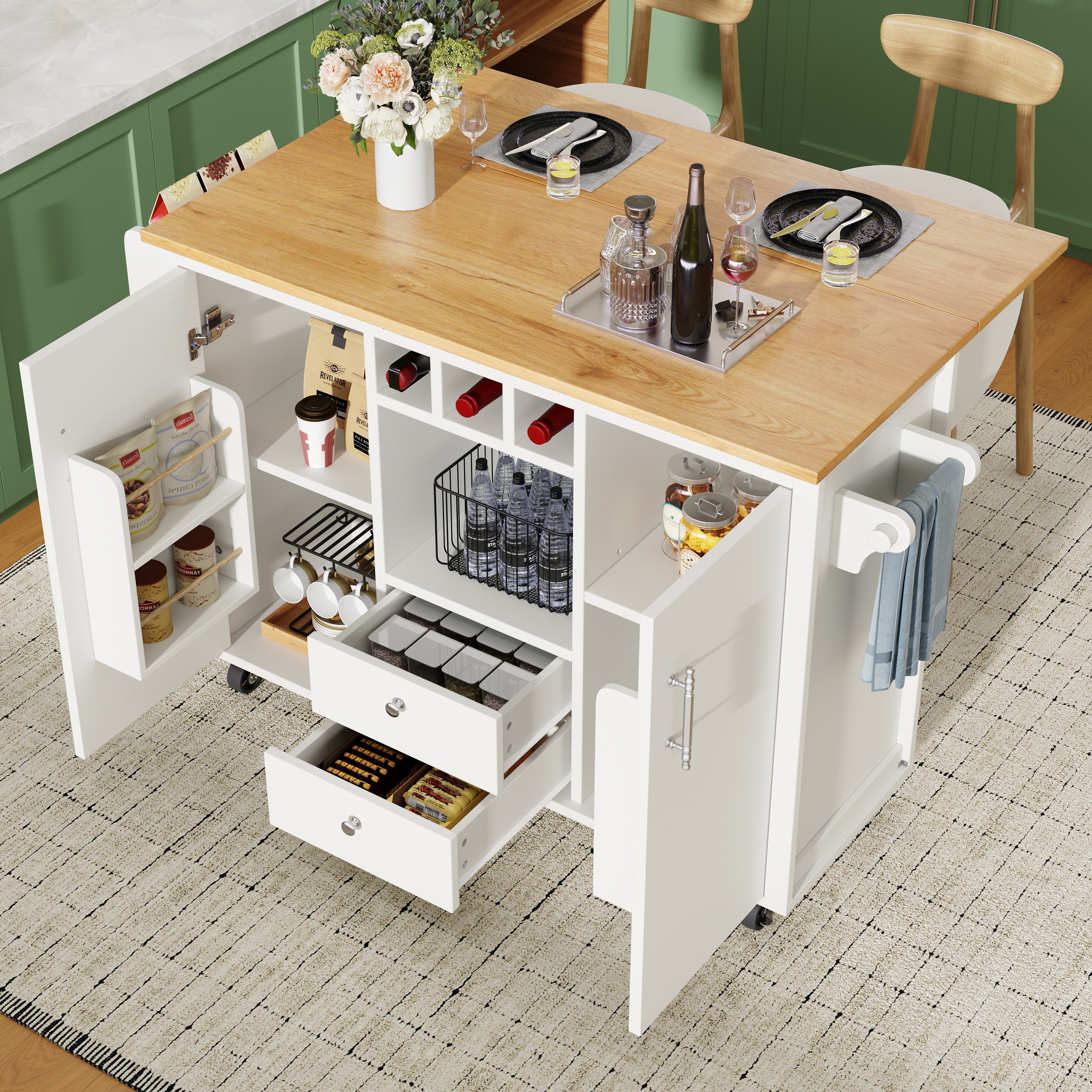 Kitchen cart, buffet cabinet, kitchen trolley with folding worktop, Kitchen island with towel rack and spice rack, wine rack and adjustable shelves, white