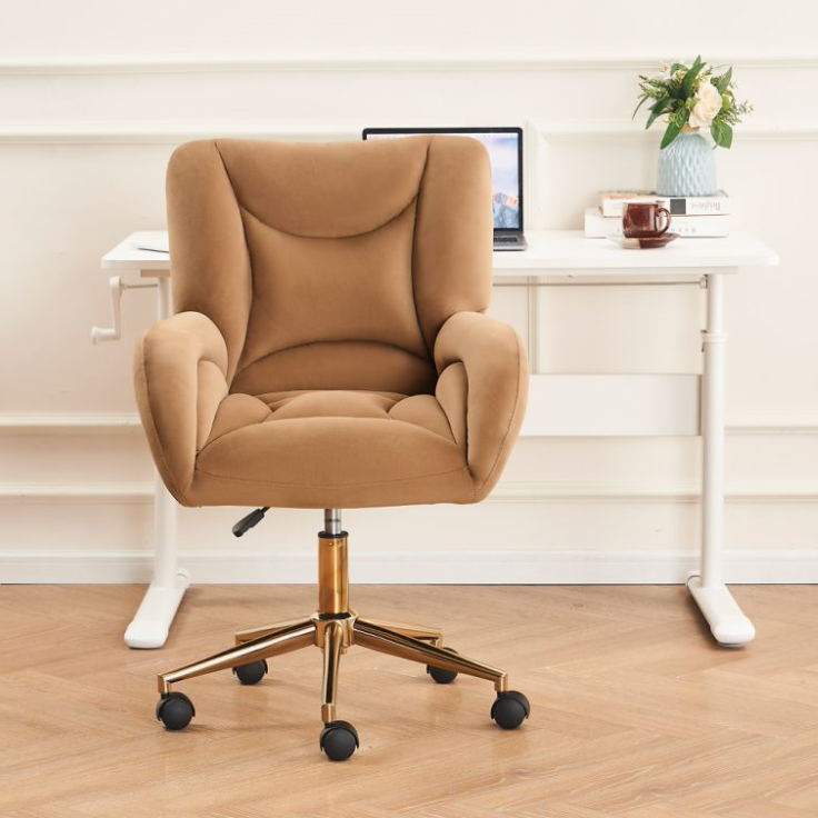 Full KD Adjustable Height Swivel Home Office Chair, Brown Velvet Fabric with Gold Legs