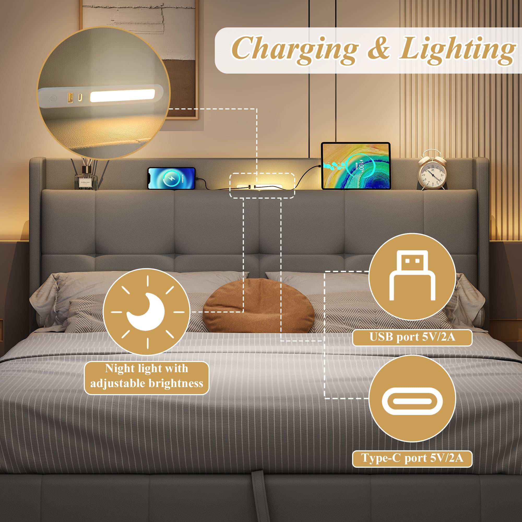4ft6 Double Upholstered Bed Frame with Hydraulic Storage, Charging Station and LED Night Light, Grey