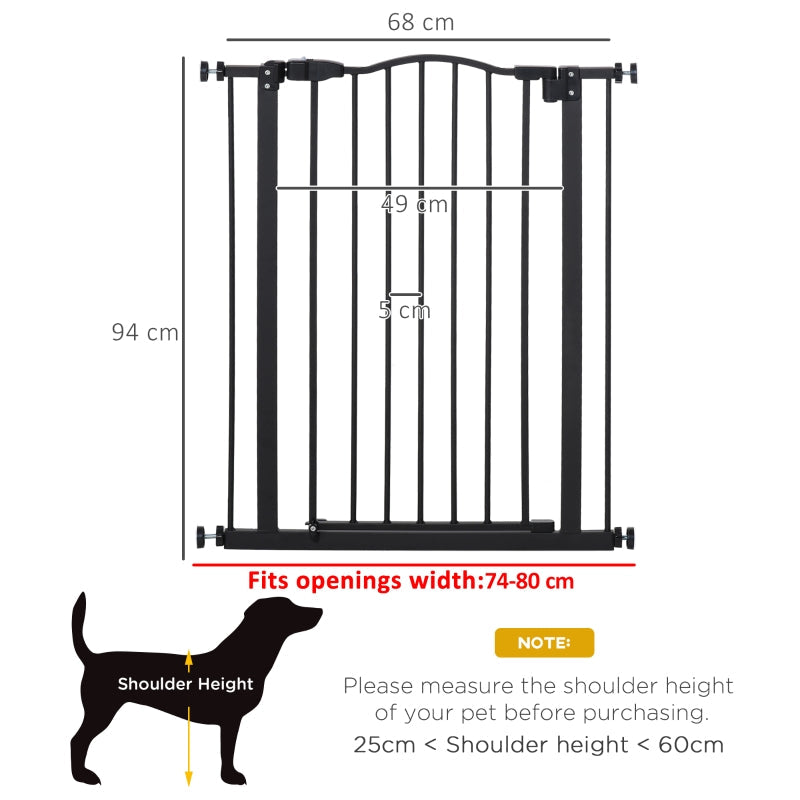 Pressure Fit Dog Stair Gate, Auto Close Adjustable 74-80cm, 94cm Tall, Black
