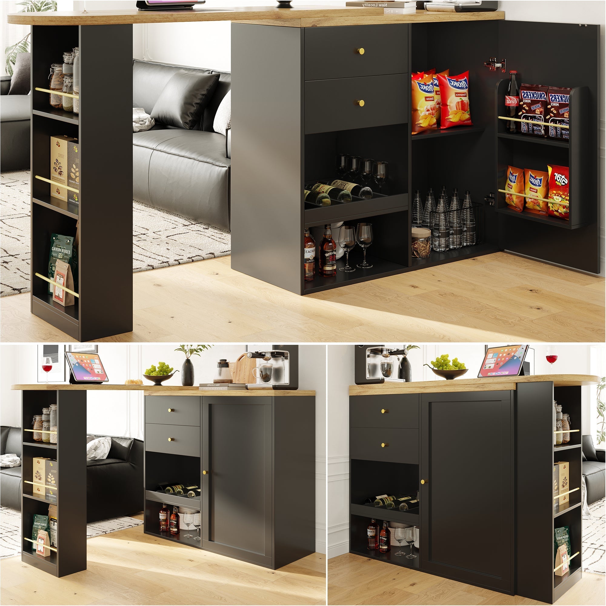 360¡ã Swivelling Bar Table with 2 Drawers, Sliding Door Cabinet & 3 Levels of Open Storage, MDF