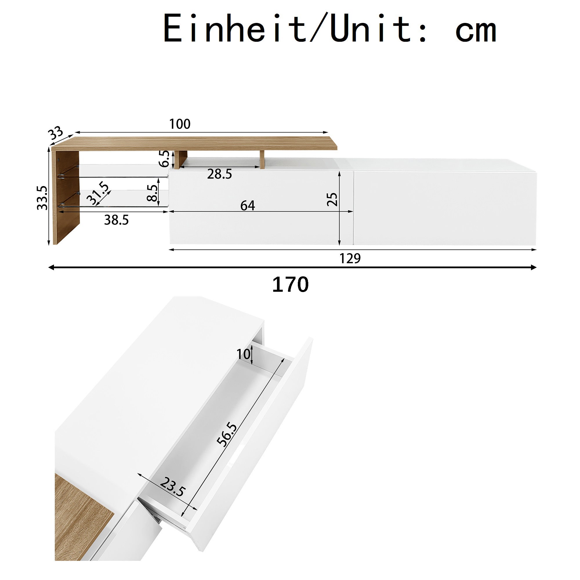 TV Cabinet with Glass Shelves and LED Lighting, High-Gloss White and Wood Look