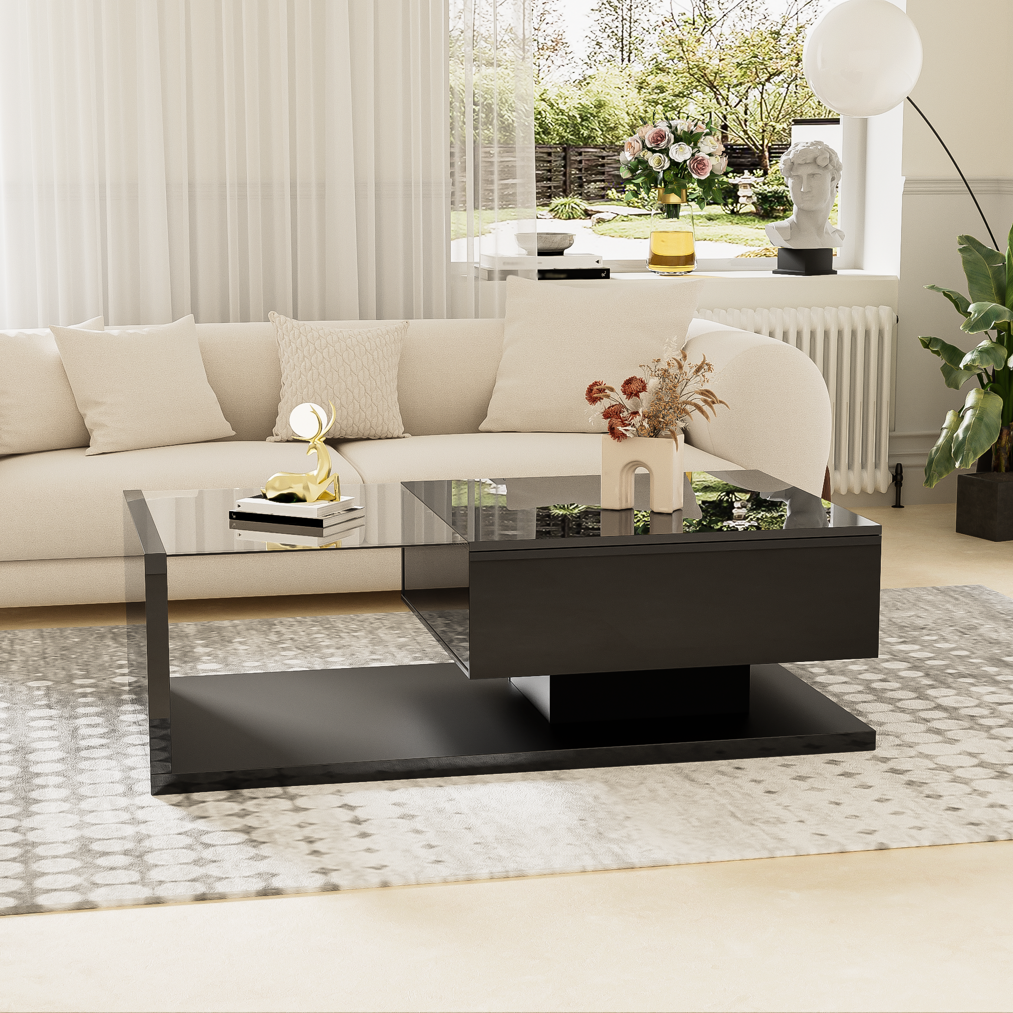 Coffee Table, High-Gloss Black with Push-Pull Storage