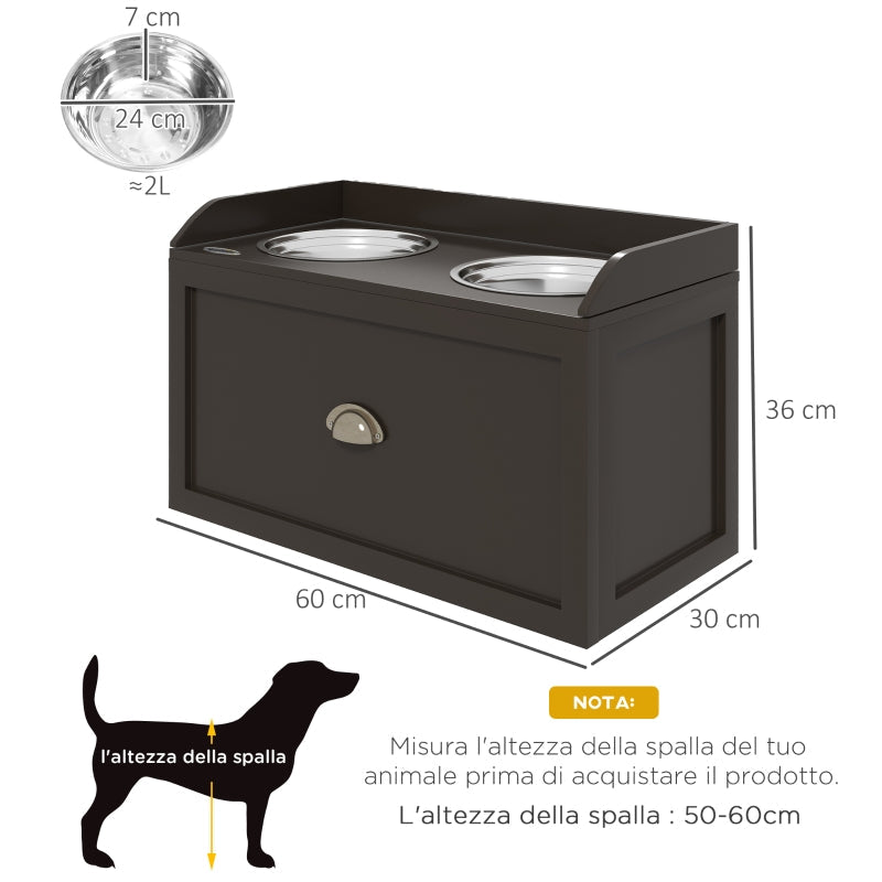 Raised Dog Bowls, Stainless Steel with 21L Storage Drawer for Large Dogs - Brown