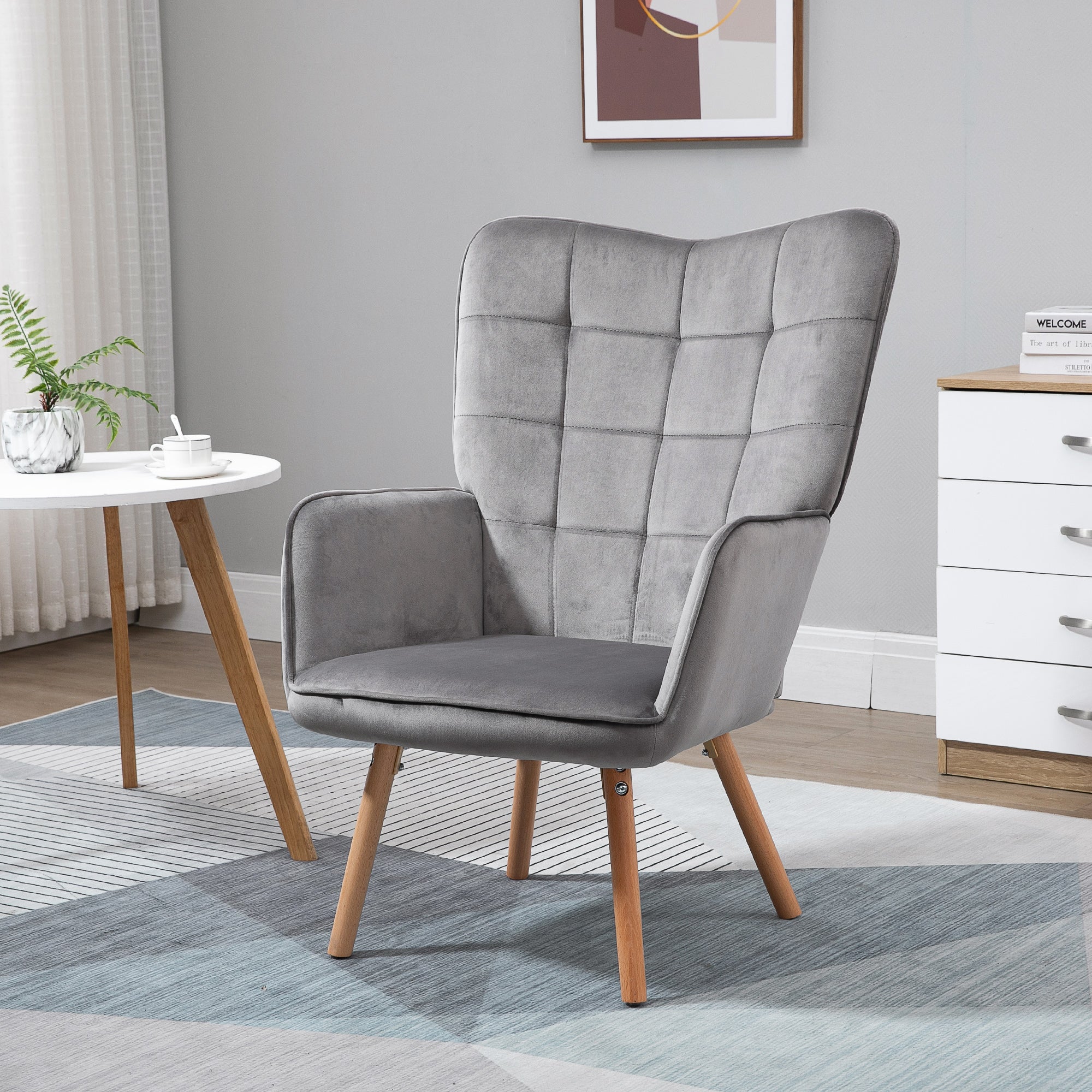 Modern Accent Chair, Tufted Wingback Armchair with Wood Legs, Grey Velvet