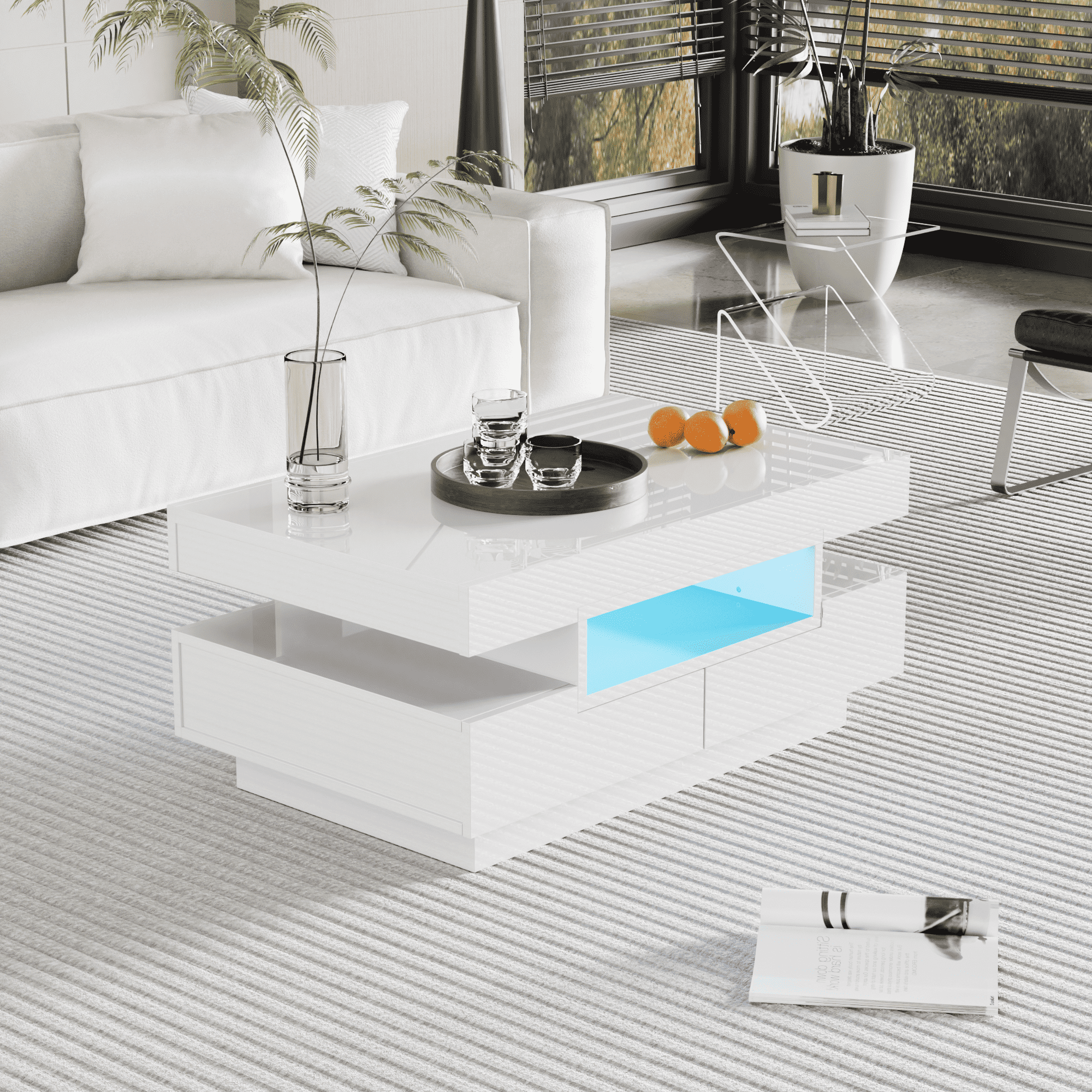 Coffee Table, High-Gloss, LED Light, Four Drawers, Large Storage