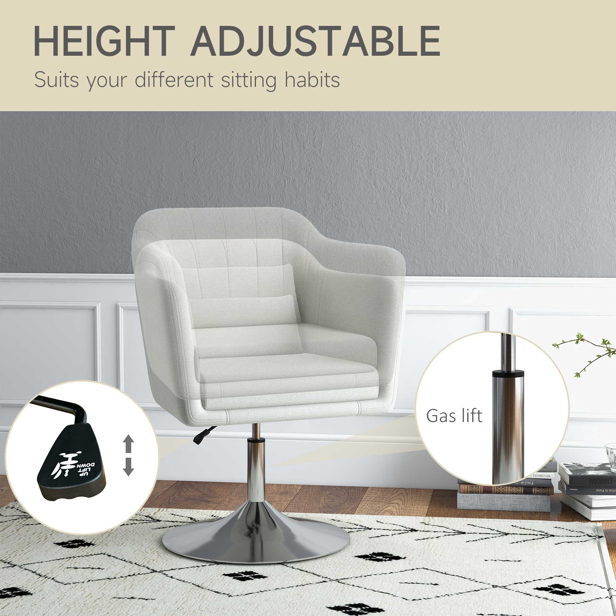 Modern Accent Chair with Swivel Base, Height Adjustable, Cream White