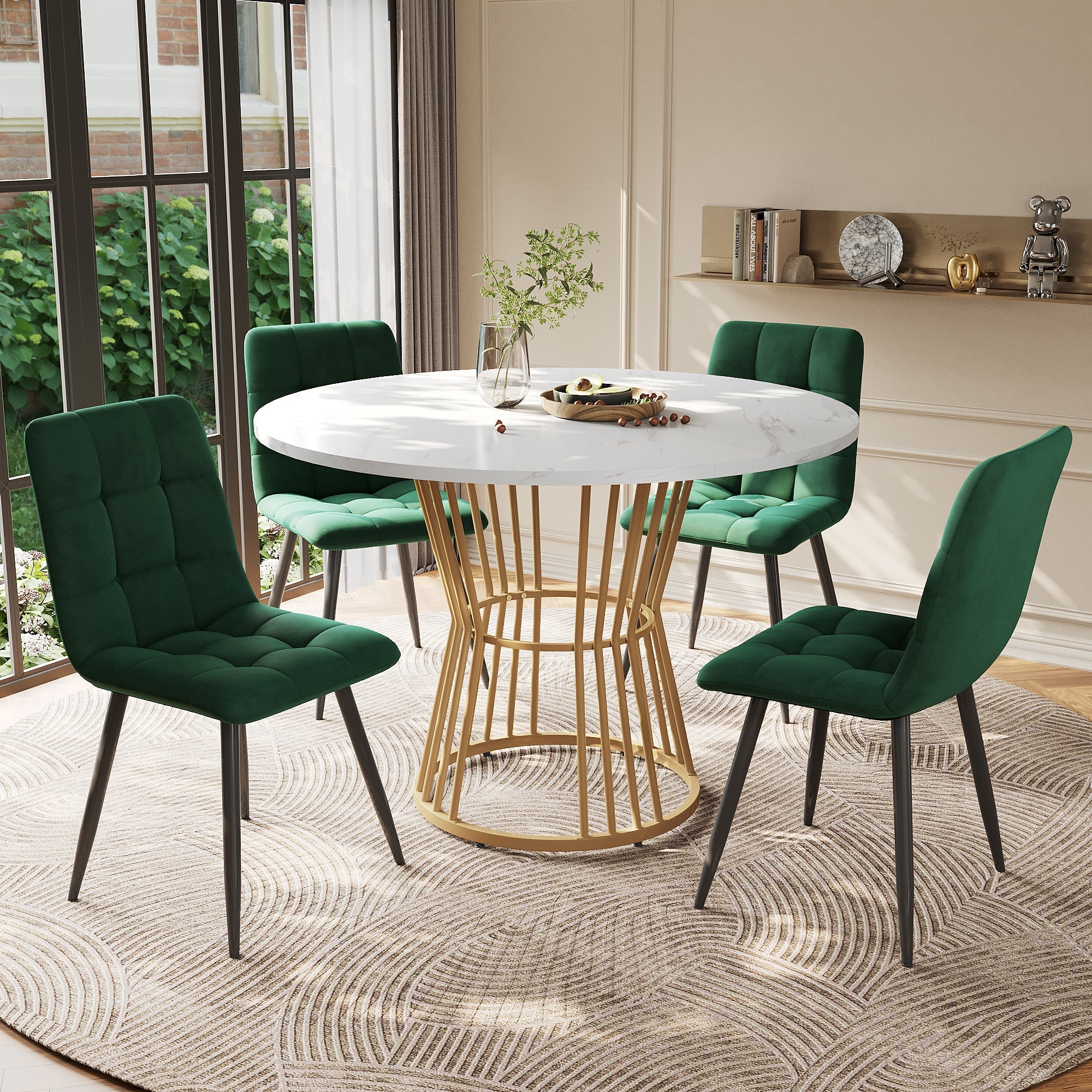 Dining Table Set (5-Piece) with 4 Chairs, Round 100 cm Diameter, Golden Metal Legs, White MDF Top, Green Velvet Chairs