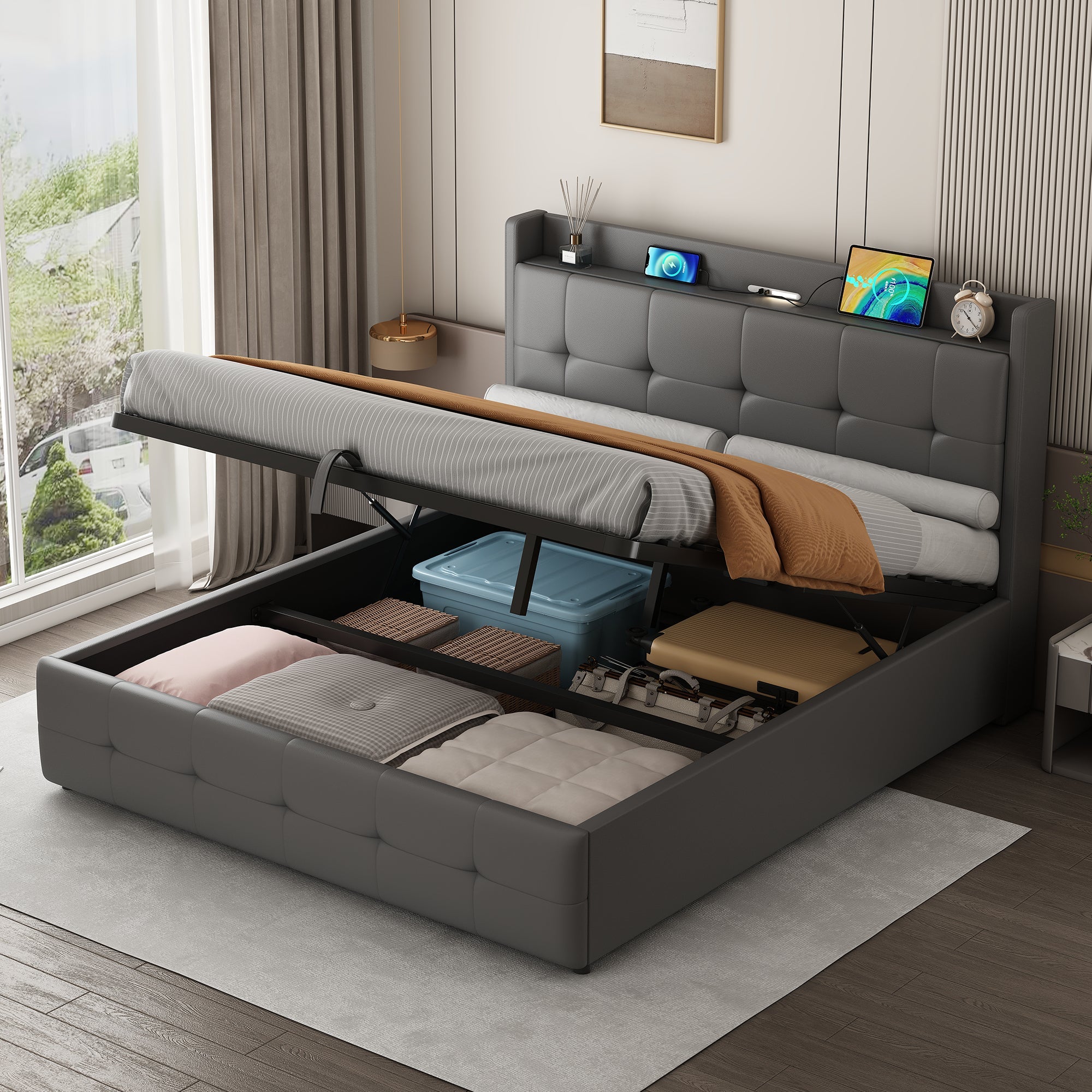 4ft6 Double Upholstered Bed Frame with Hydraulic Storage, Charging Station and LED Night Light, Grey