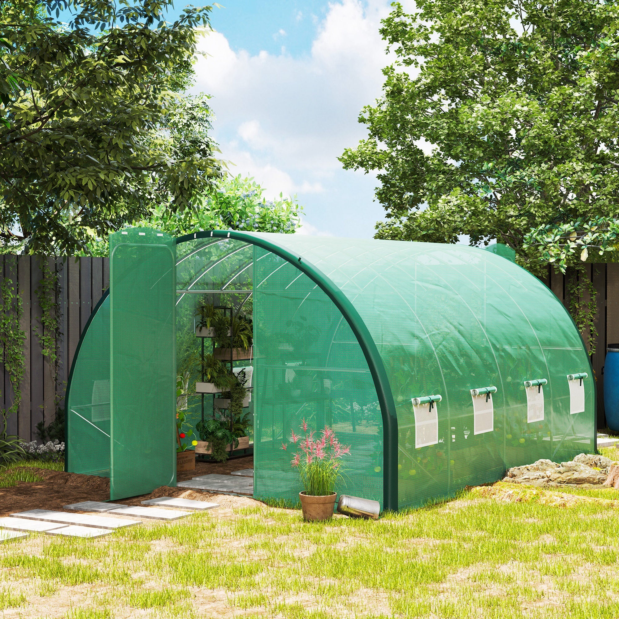 Polytunnel Greenhouse 4 x 3(m) with Windows and Doors - Green