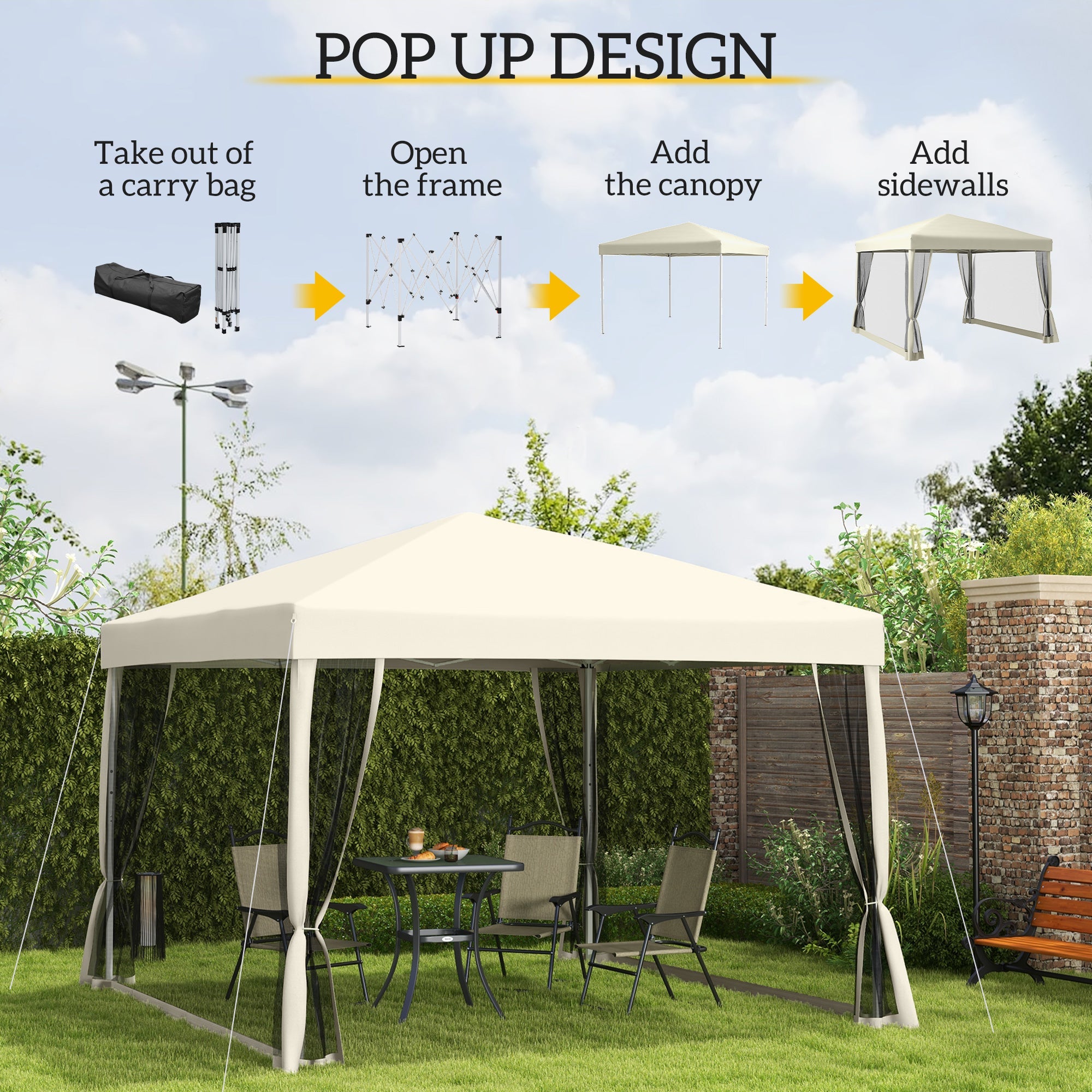 Pop Up Gazebo with 4 Mesh Sides, Carry Bag, Adjustable Height - 3x3m
