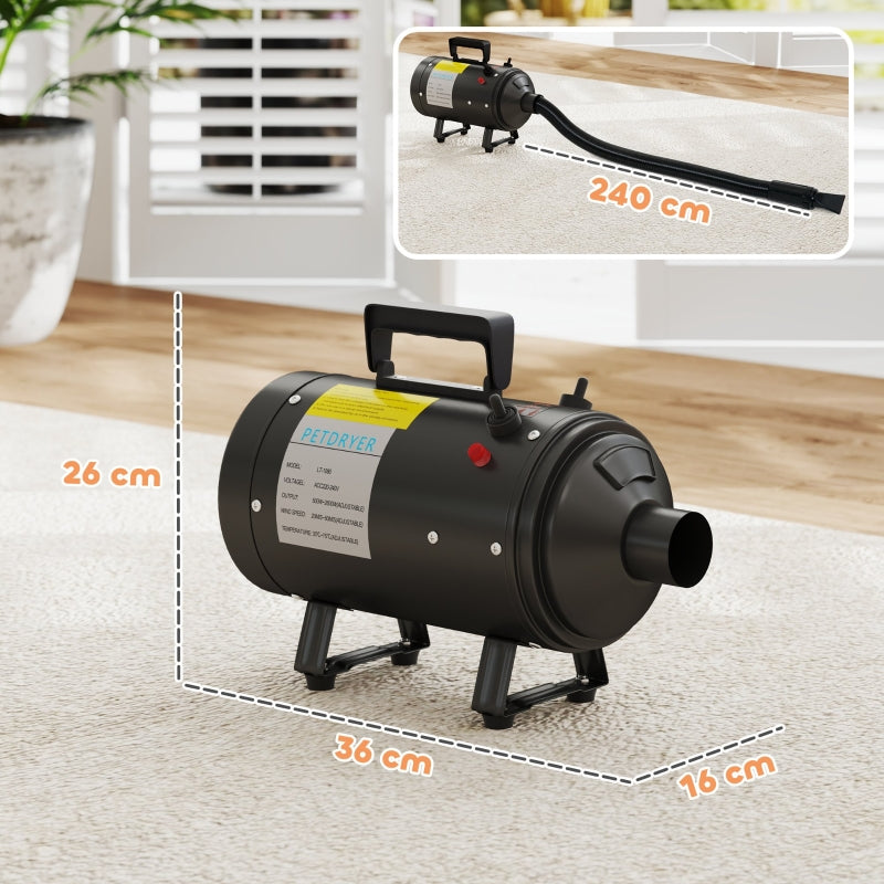 Dog Hair Dryer, 2200W, Adjustable Temperature & Velocity, 3 Nozzles, Black