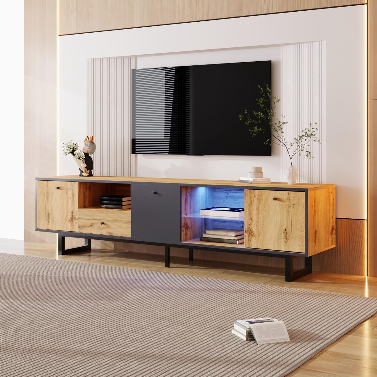 LED TV Unit with Glass Shelves - Modern Lowboard Cabinet with Soft-Close Doors